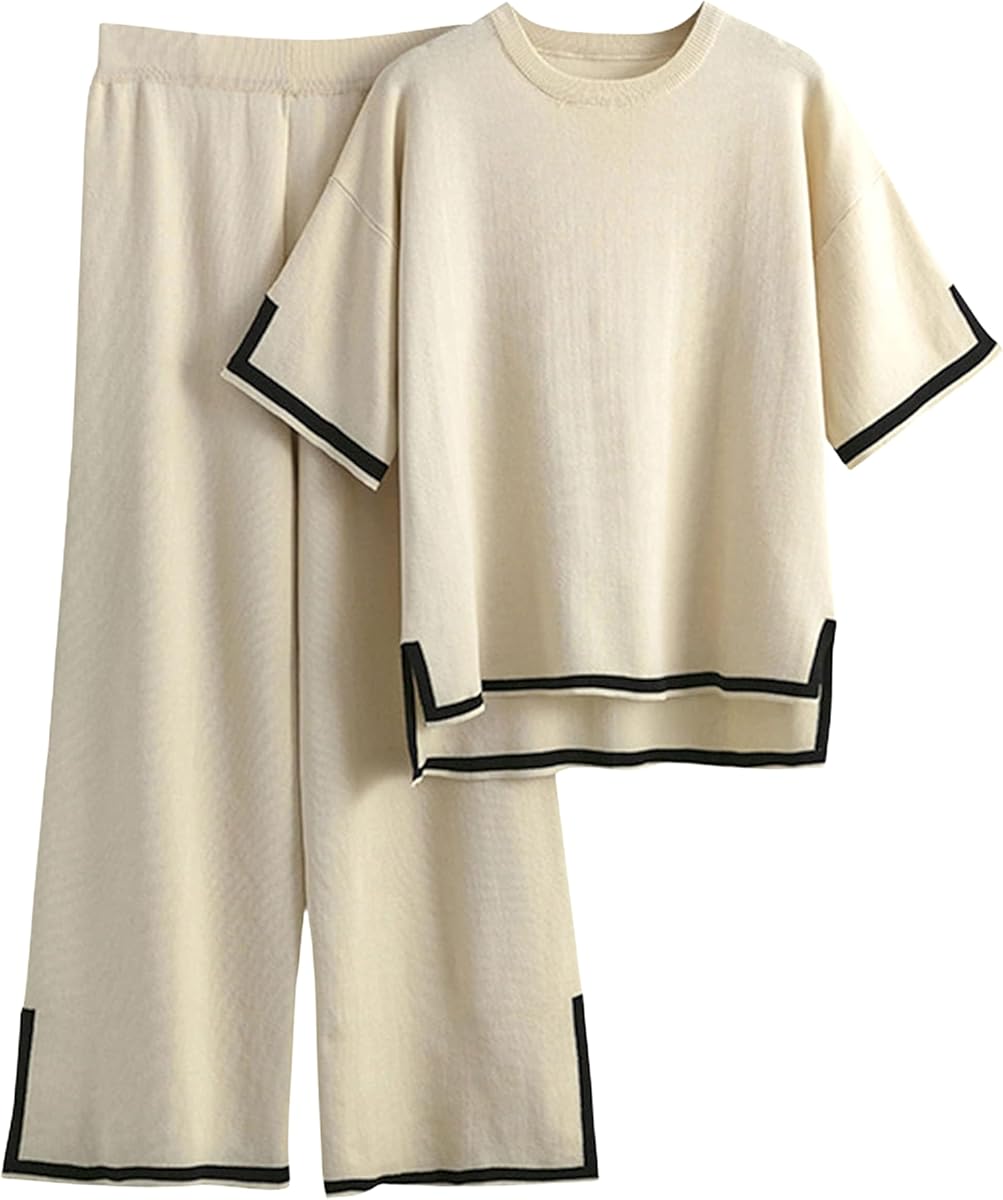 Conjuntos de suéteres Mujeres 2 piezas Lounge Sets Manga Corta Punto Pullover Tops Perneras anchas Pantalones