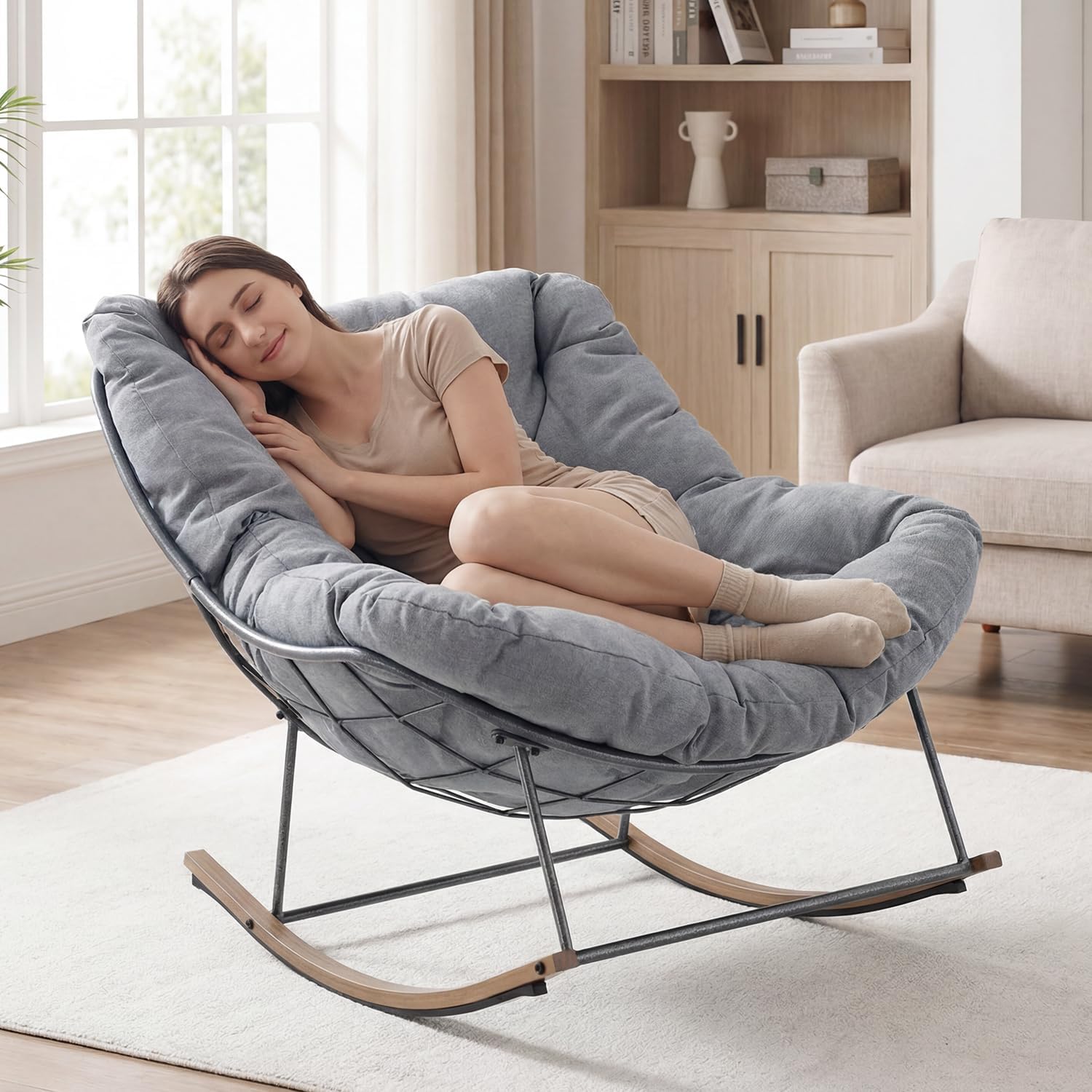 Outdoor Rocking Chair, 400 lbs Sturdy Frame with Thick Cushion,Patio Papasan Chair for Living Room, Porch, Garden,Balcony(Grey)