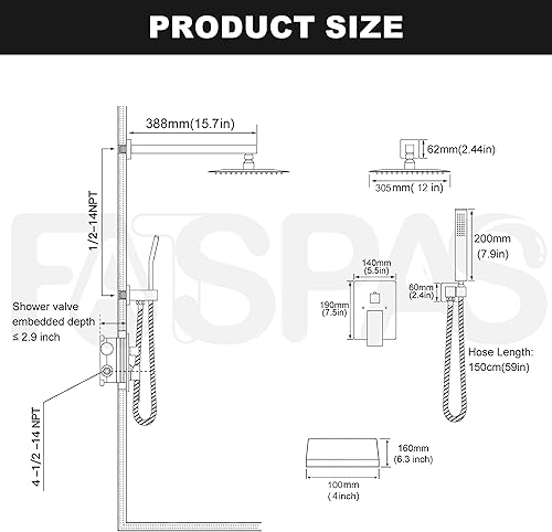Miniatura 6 de Sistema de ducha con boquilla de bañera, juego de grifo de ducha montado en la pared para baño con cabezal de ducha de lluvia de 12 pulgadas y