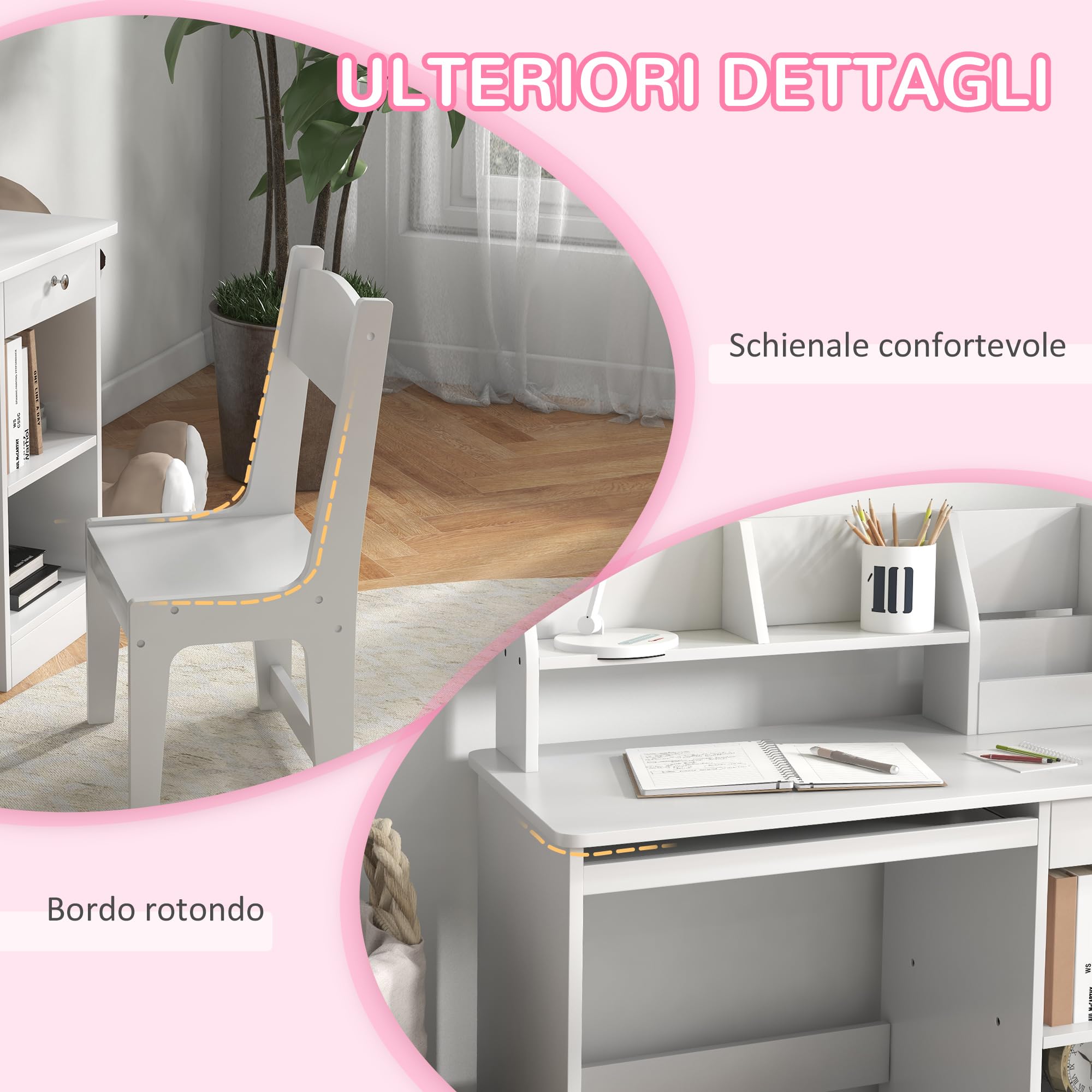 ZONEKIZ Tavolo Scrivania per Bambini con Sedia, Banco Scuola per Bambini da 5 a 8 Anni in Legno con Scaffale e Seggiola, Bianco