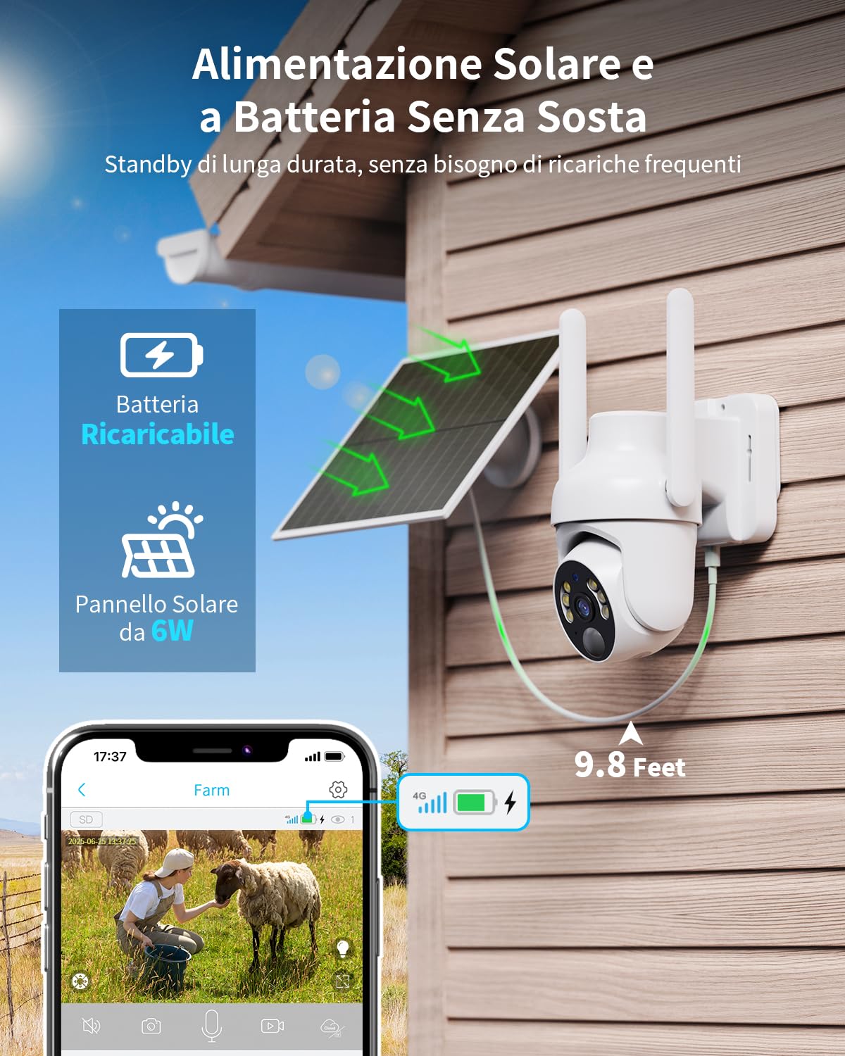 SEHMUA 4G LTE Telecamera Esterno con SIM e pannello solare, 2K Telecamere Batterie Senza Fili, 360° PTZ Videocamera Sorveglianza, Visione Notturna, PIR Rilevamento, Audio Bidirezionale, IP66, 2 Pezzi