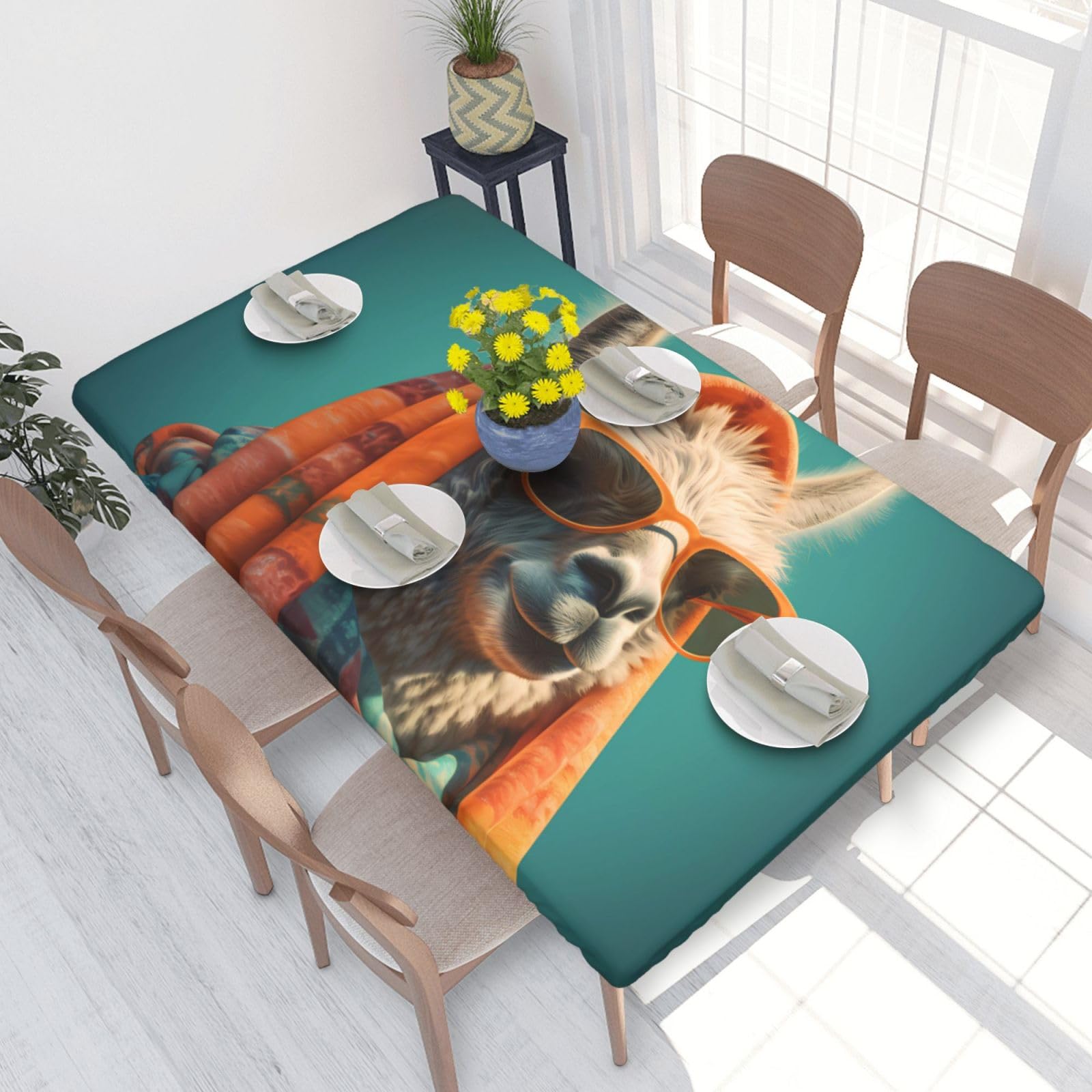 Funny Cartoon Llama Waterproof Square Table Cover Elastic Fitted Tablecloth Oil Proof Table Protector For 4ft Table
