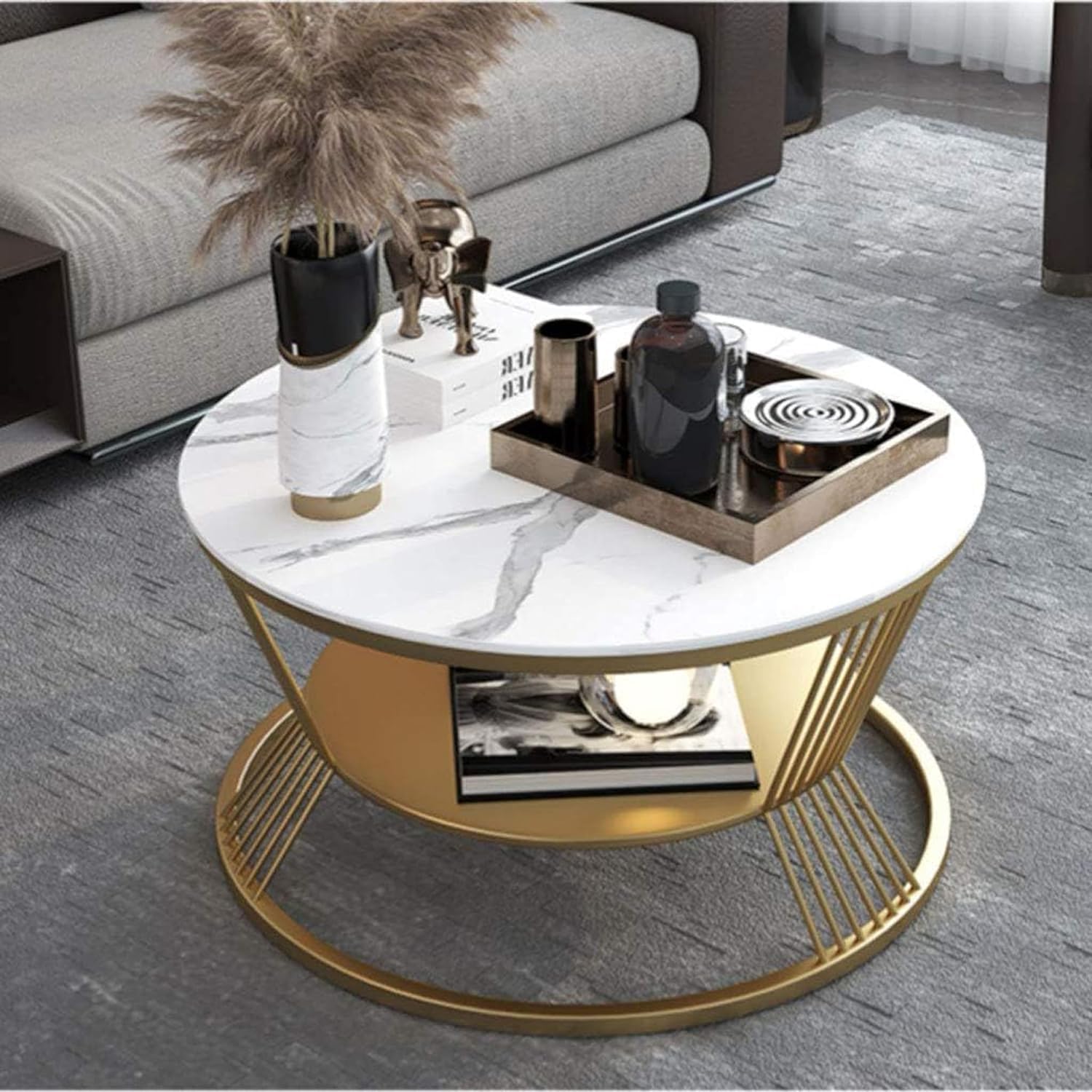Right Choice Furnish Round Coffee Table Double Layer Marble Look, Wrought Iron Modren Storage Center Table for Living Room (White Gold)