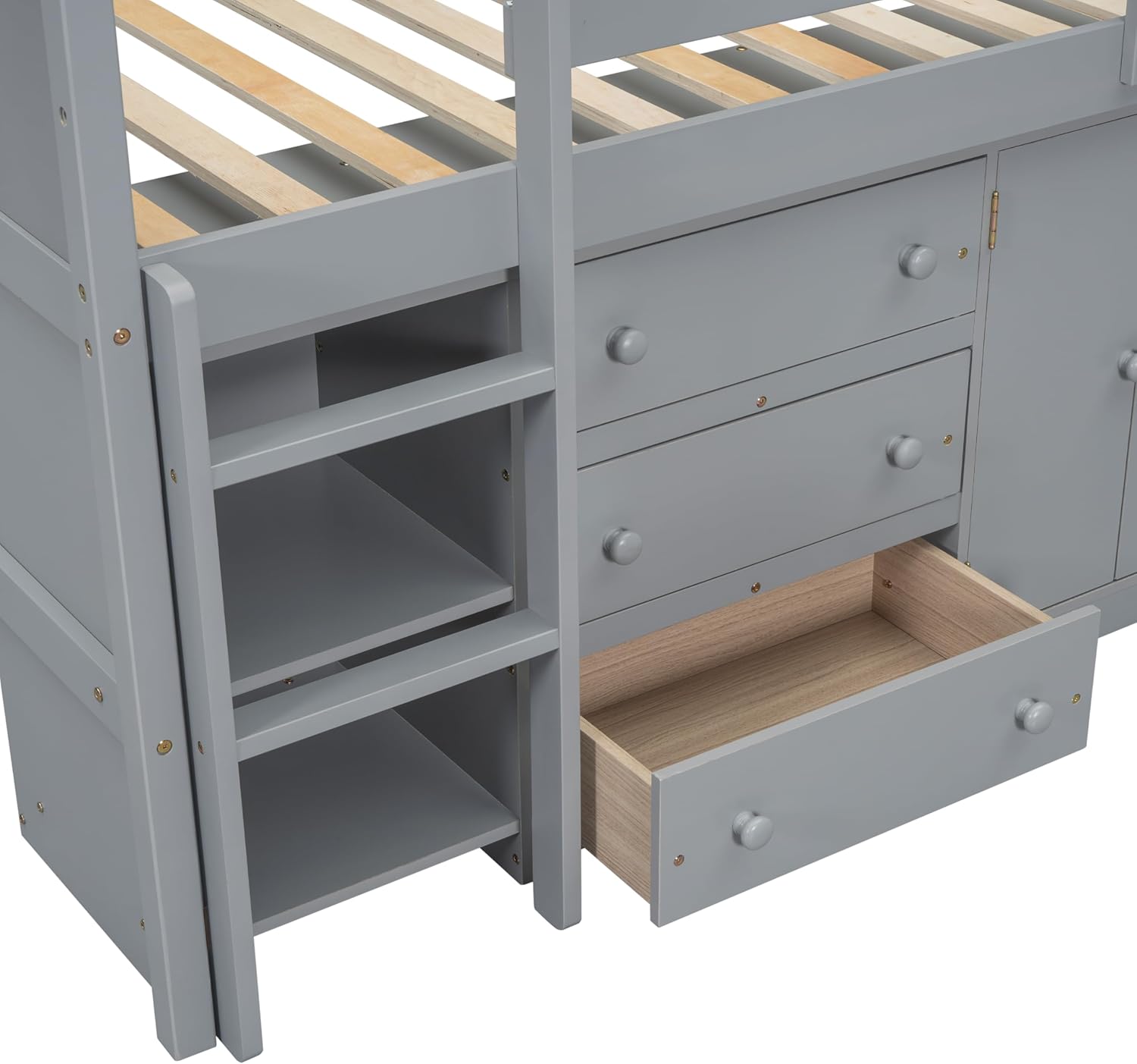 Twin Size Low loft Bed with Pull-Out Desk,Wood Kids Twin Loft Bed with Storage Drawers and Shelves,Low Twin Bed with Cabinet for Kids,Gray