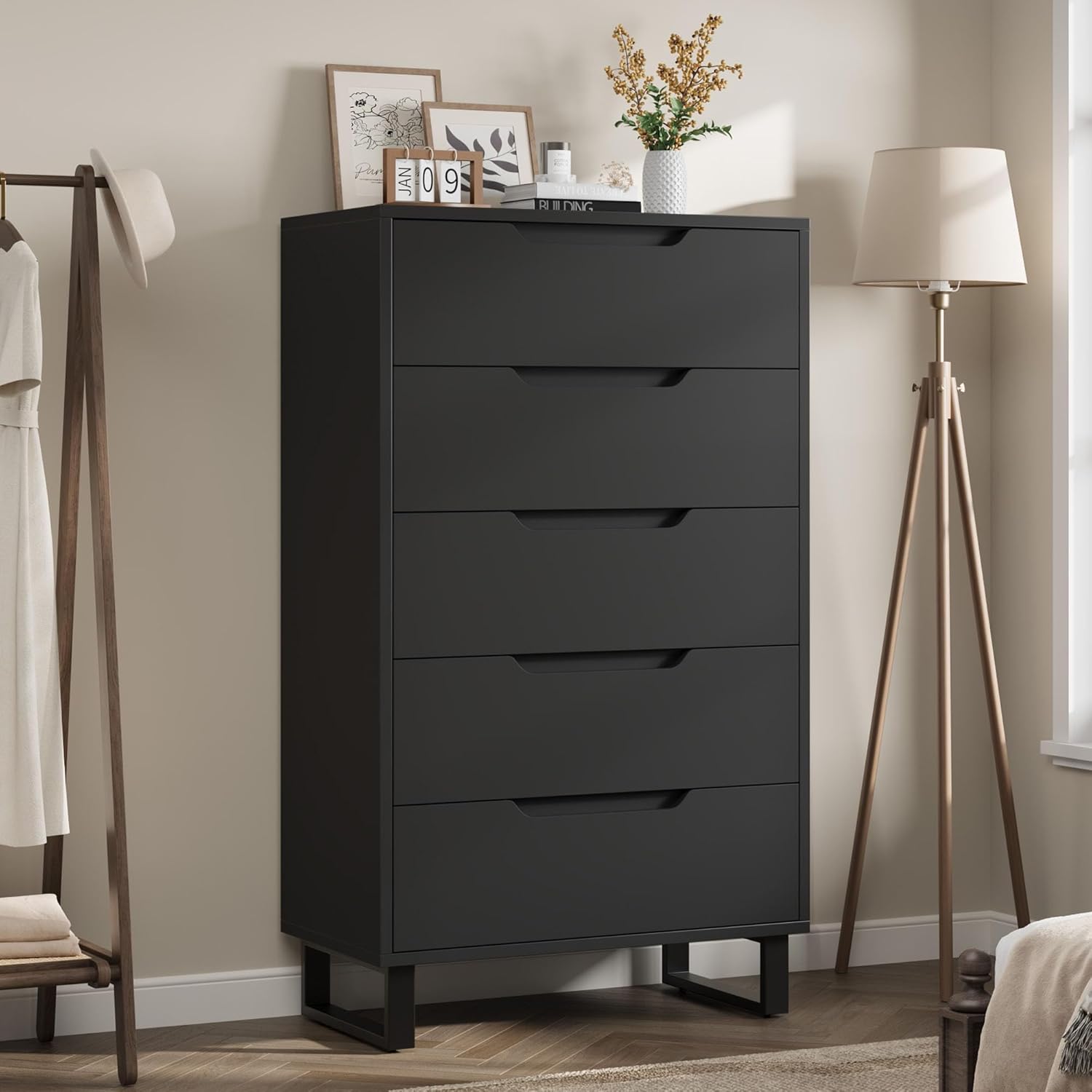 GarveeHome 5 Dresser for Bedroom, 50.5" Tall Dresser, Freestanding Vertical Drawer with Storage, Wooden Closet Chest Storage for Living Room, Hallway, Entryway, Black