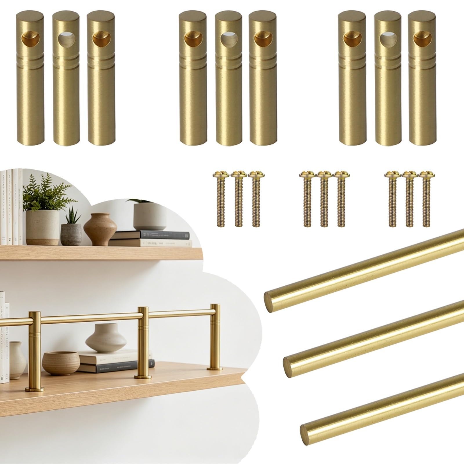 ERRULAN Set of 3 Decorative Brass Guard Railing, Gold Shelf Plate Rail with Spindles for Kitchen Cabinet Shelves, Anti-fall Long Round Tube Barrier Rod(Gold,10in/25cm)