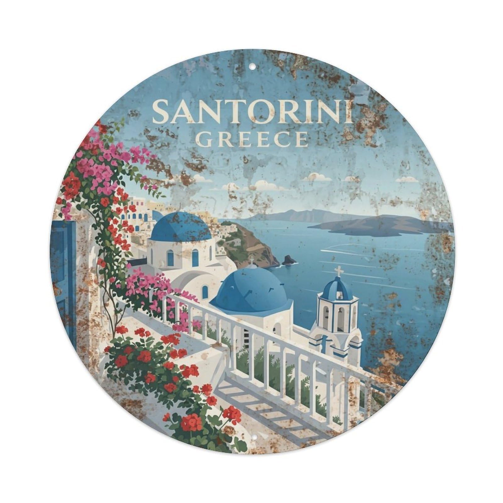 Fqnyr Style Metal Tin Sign Vintage Travel Balcony Santorini Flowered