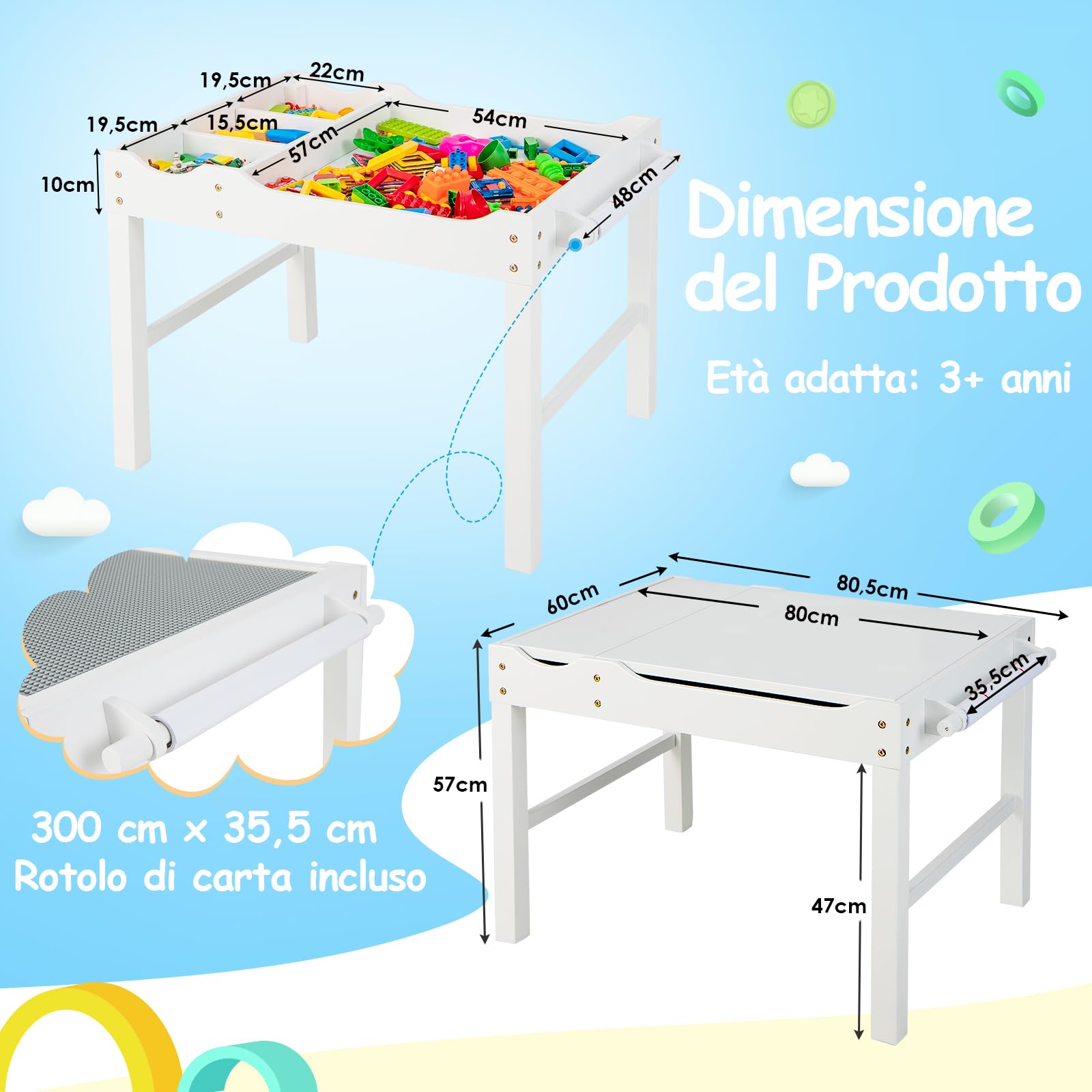 RELAX4LIFE Tavolo da Gioco per Bambini in Legno 80x60x57CM, Tavolo da Costruzione Reversibile con Vassoio a Doppia Faccia, Rotolo di Carta e Carta, 3 Cubi (BIANCO)