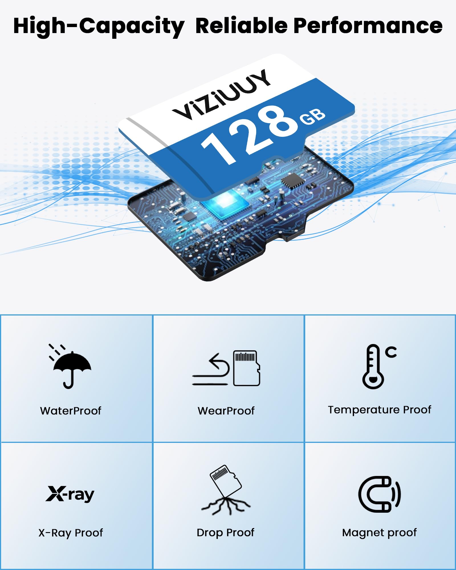 VIZIUUY Carte mémoire Micro SD 128 Go pour caméras de sécurité, lecture 90 Mo/sec, écriture 25 Mo/sec, carte mémoire pour caméras de sécurité solaires intérieures et extérieures, caméra d'action