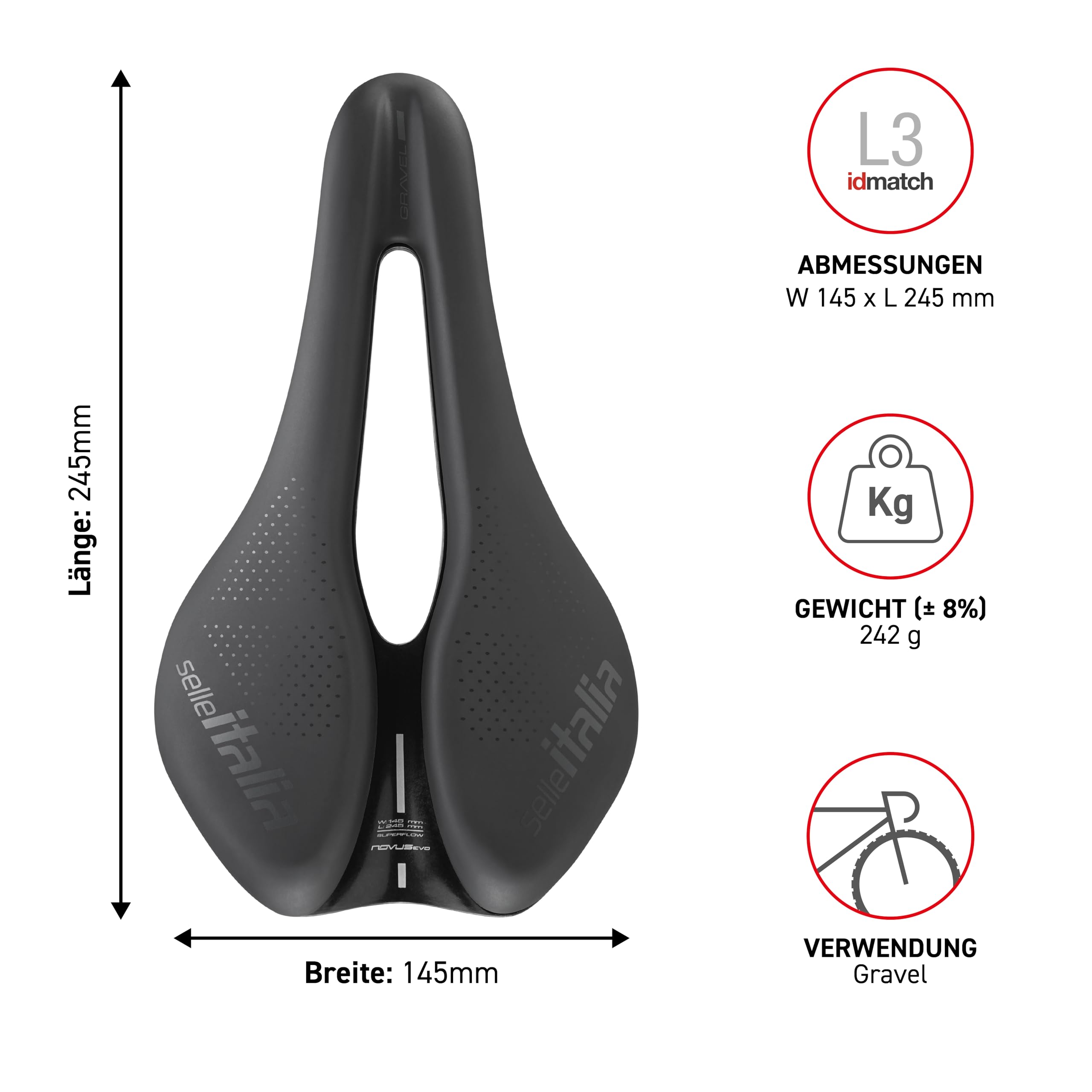 Selle Italia Novus Boost EVO Gravel TM Superflow – Gravel-Fahrradsattel, extra gepolsterter Rennradsattel, Superflow-Loch