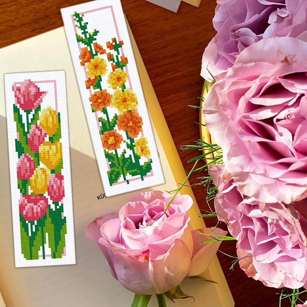 BEUNITONE 6 Set Floral Bookmark Cross Stitch Kits for Beginners with Instructions Floral Bookmarks Cross-Stitch Kit Stamped Embroidery Bookmark DIY Crafts Book Marker for Book Lovers 8''x2.4'' 11CT