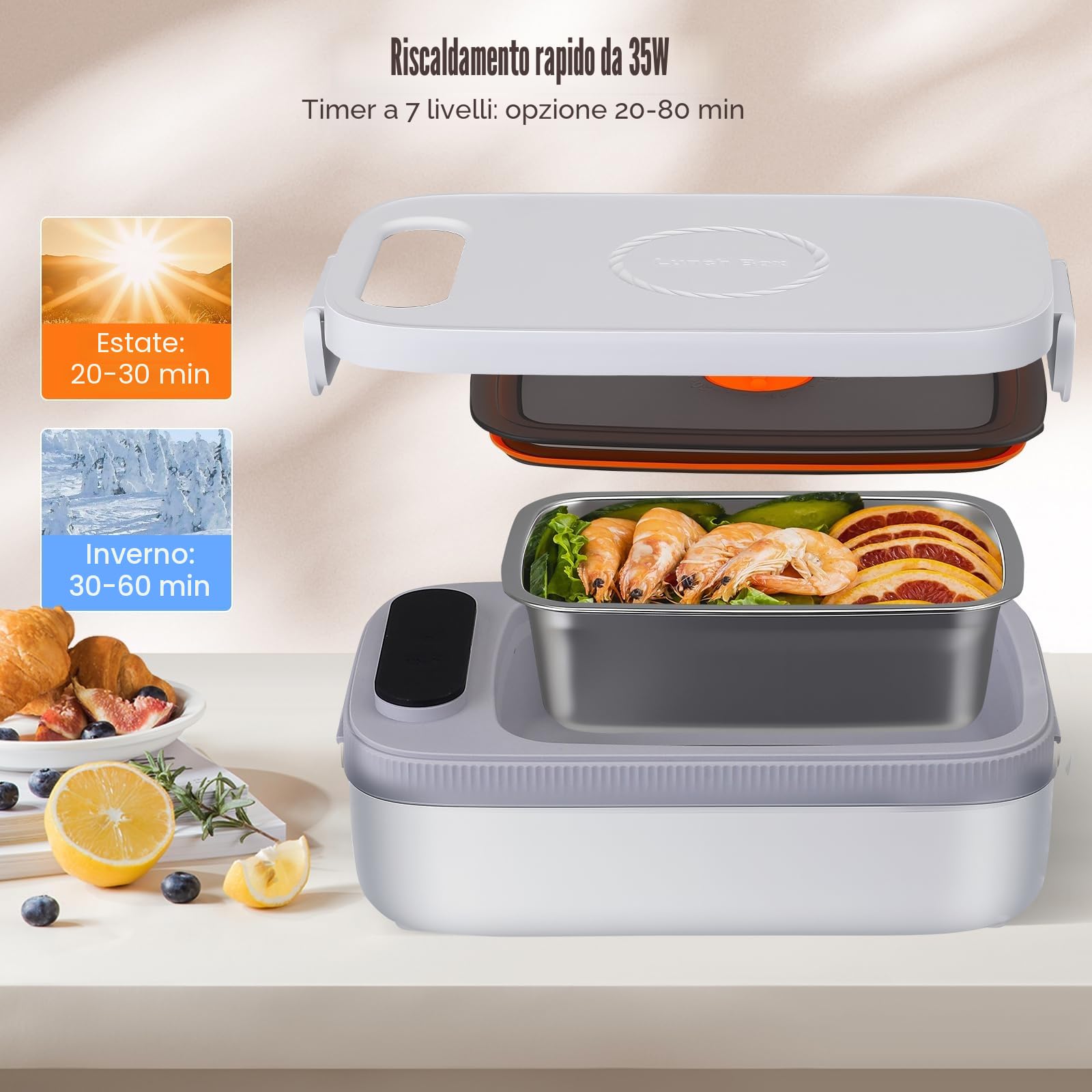 Lunch box riscaldato elettrico da 1 litro con batteria da 14000 mAh - Lunch box isolato tramite USB con riscaldamento automatico, contenitore in acciaio inossidabile 304, ideale per ufficio