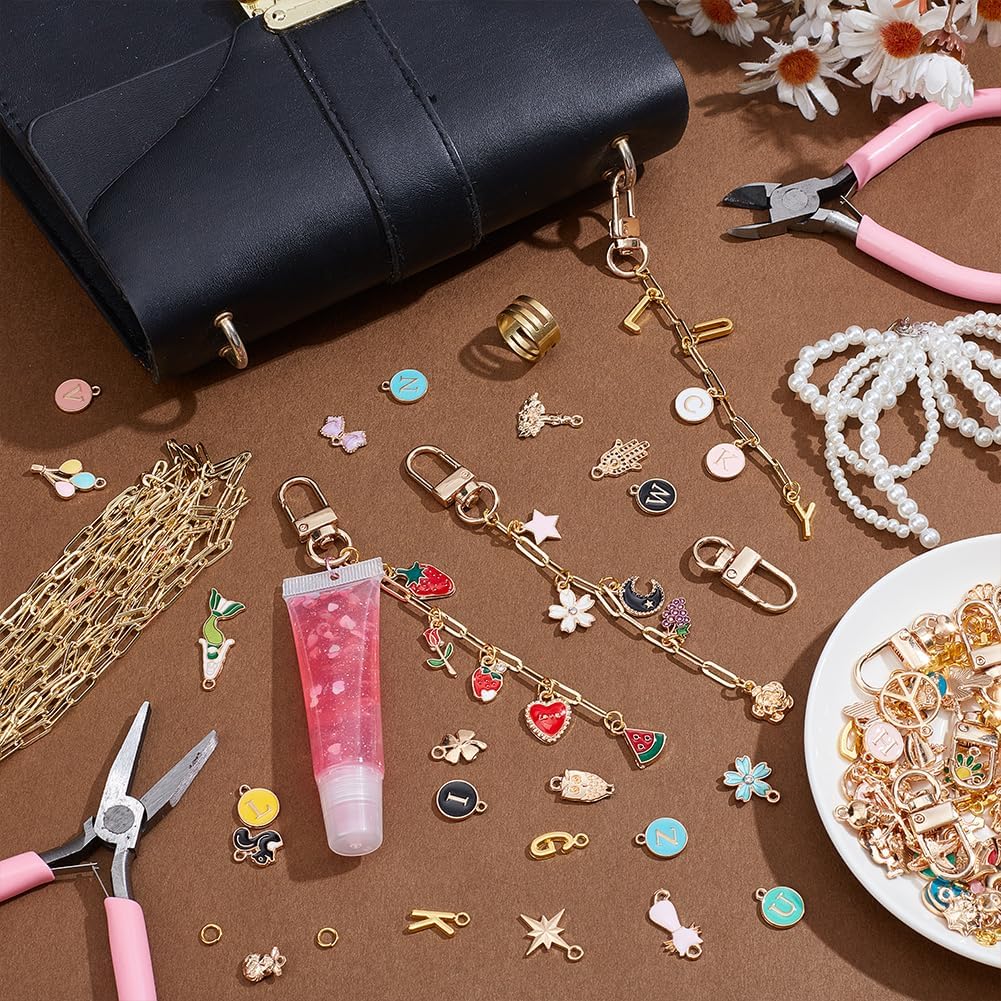26 sets 384pcs Lip Gloss Keychain Making Kit with Charms Jump Rings Letter Pendants Chains Clips & Tools for Custom Lip Gloss Holders Bag Charms Keychains DIY Supplies Craft Making
