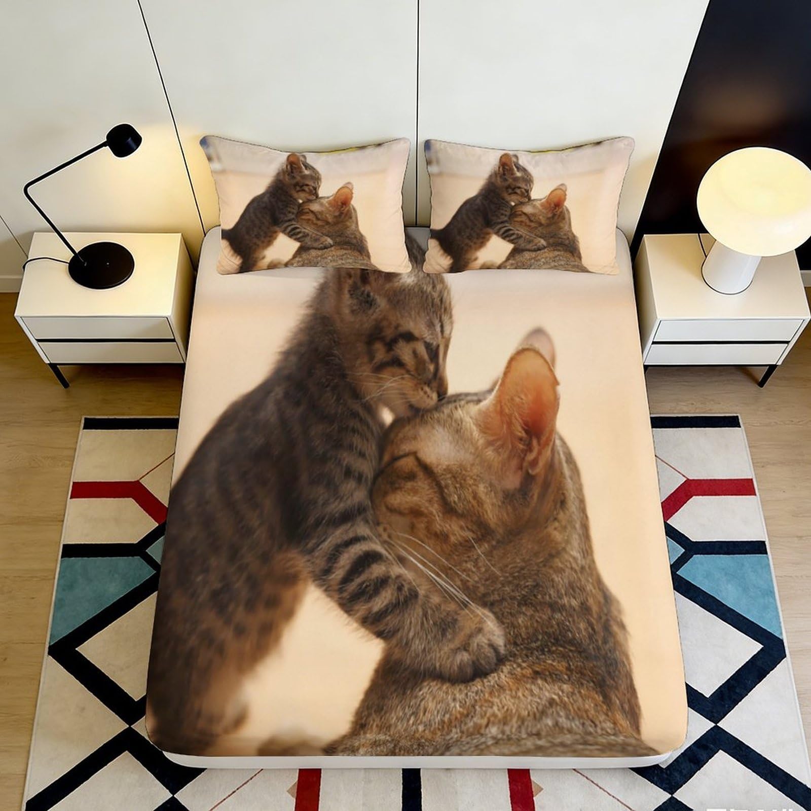 3D Printed Tabby Kitten Fitted Sheet Microfiber Soft Bedroom Decor Cat Hug Mattress Cover for Home Dorm Use 90x200x25cm