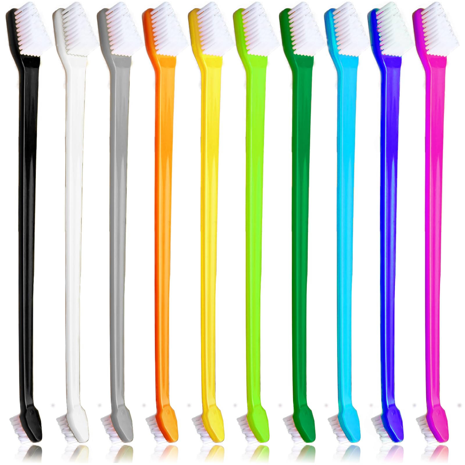 MoonyMars Dog Toothbrush Set of 10 - Dual Headed Tooth Brushes for Small to Large Dog, Cat, Puppy, Kitten & Most Pet, Double Sided Teeth Cleaning Bulk Kit with Soft Bristles Long Handle, 10 Colors.