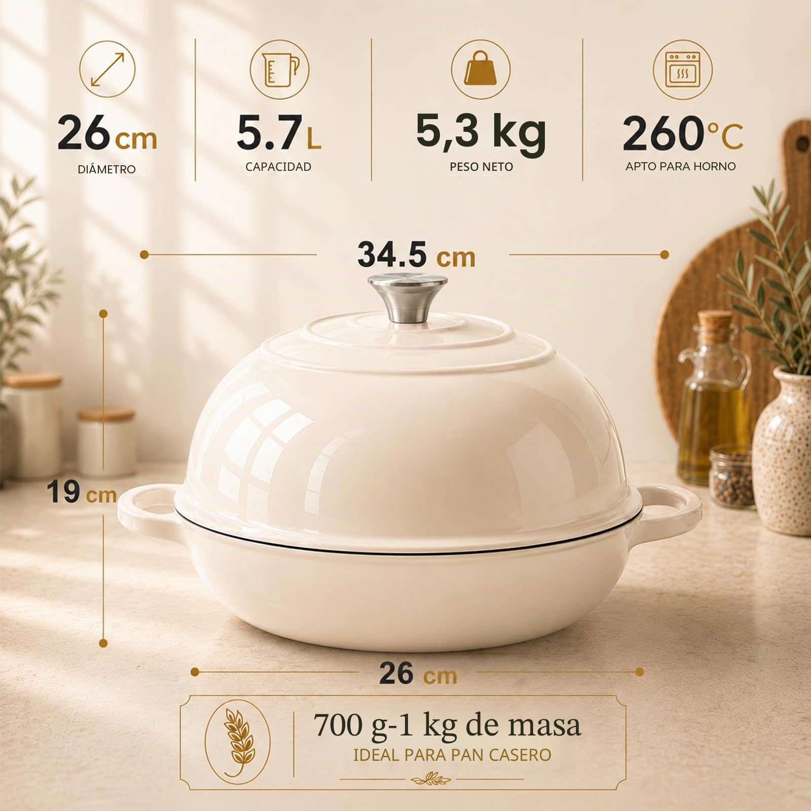 AHJ Olla de Hierro Fundido para Hornear Pan,26cm Dutch Oven | 5,7L Cacerola Holandesa de Esmaltado,Olla para pan con Cesta de Fermentación,para Cocinar,Hornear,Estofar y Asar (Blanco)