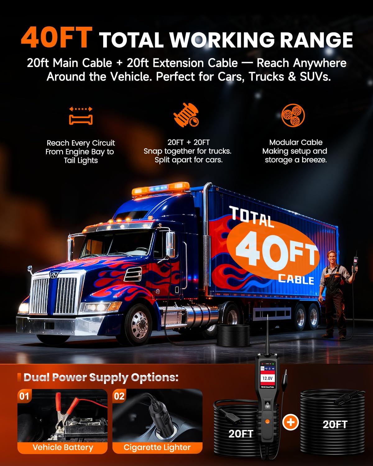 ANCEL PB100 Automotive Power Circuit Probe, 12-24 VDC Car Electrical Diagnostic Tool, AC/DC Voltage Current Resistance Short Detection, Trailer Fuse Tester, Digital Voltmeter Ohmmeter, 40FT Cables