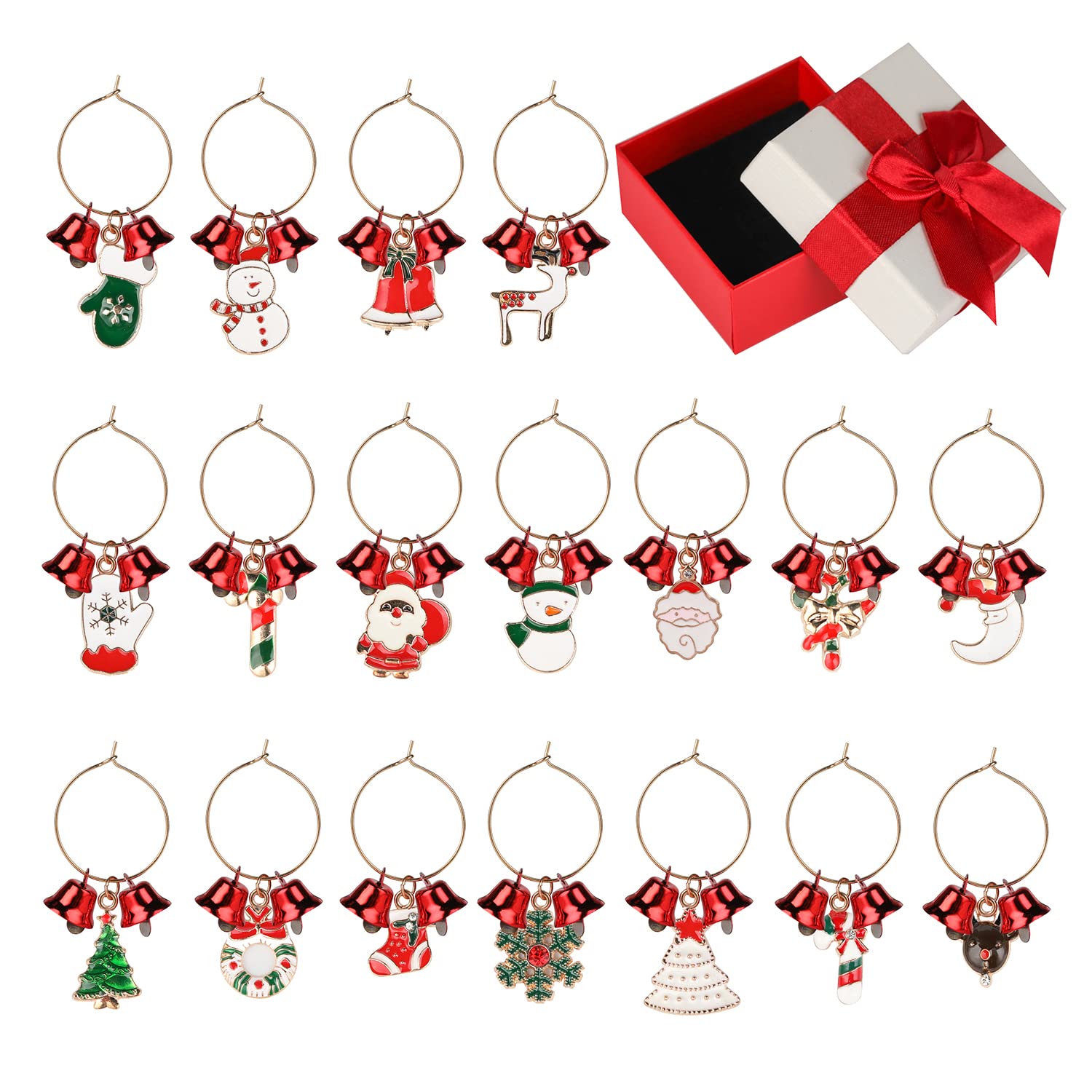 Photo 1 of  Christmas Wine Glass Charms Markers Tags Identification, Wine Charms for Stem Glasses, Drink Markers, Holiday Themed Wine Tasting Party Decoration Supplies Gift Box Set (18 Pack)