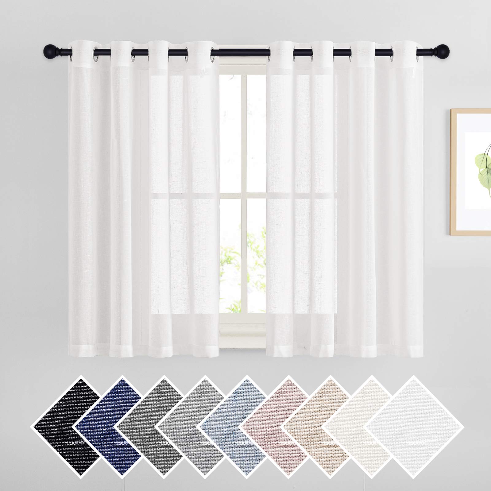 Photo 1 of NICETOWN 45" Long White Flax Linen Sheer Bedroom Curtains Grommet, Decorative Window Treatment Draperies Privacy with Light Through for Kitchen/Nursery/Bathroom, 52" Wide, Sold as 2 Panels