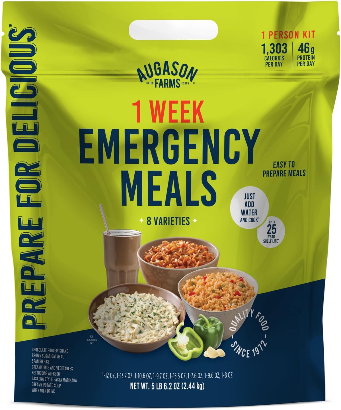 Augason Farms 1 Week Emergency Meals Provide Package, Dehydrated Meal Survival Meals Bucket for 1 Individual – 52 Servings