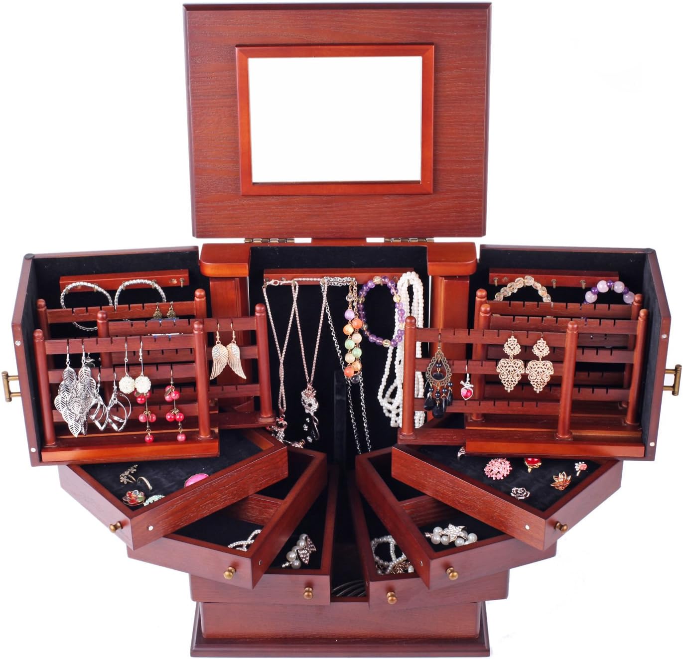 ROULING Large Wooden Jewellery Box Armoire Cabinet Earring Organizer 7 Drawers Mirror 18