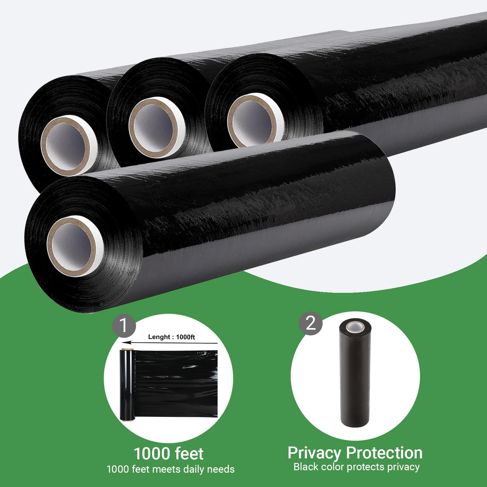 Pellicola estensibile nera per traslochi e imballaggi, 38,1 cm x 304,4 m, pellicola in plastica di protezione ad alta resistenza, 60 gauge (15μm) (4 rolle)