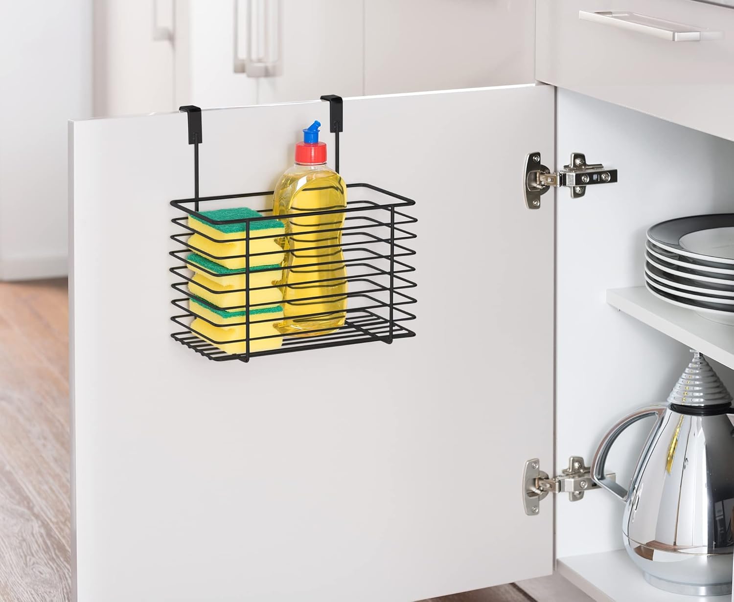 WENKO Hanging basket large, space-saving all-purpose shelf to hang on drawer or cupboard door, wire basket for bath and kitchen, without drilling, made of powder-coated metal, 24 x 24.5 x 15 cm, black