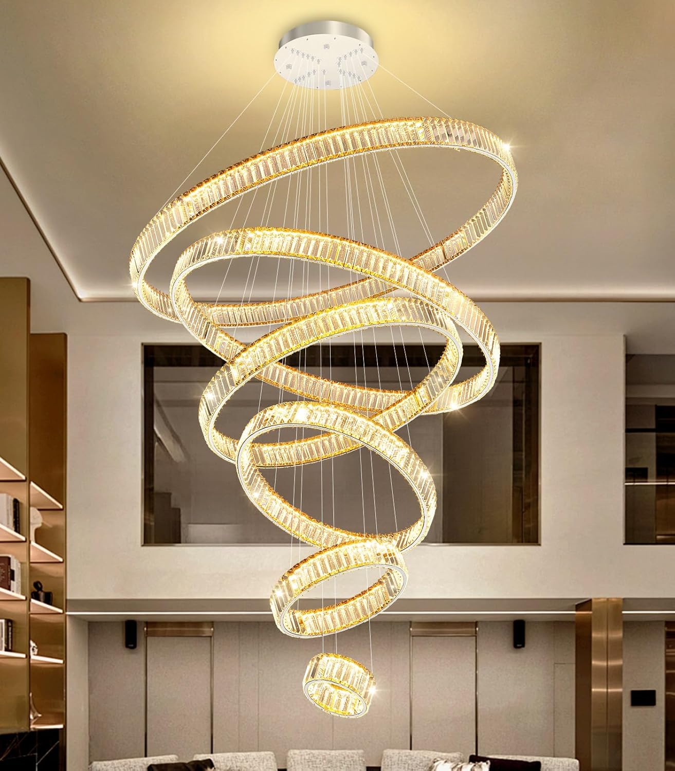 Large Ring Chandelier Modern Crystal Chandeliers for High Ceiling Round LED Dimmable Ceiling Light Fixture for Foyer Long Stair Silver 8''+16''+24''+32''+40''+47''