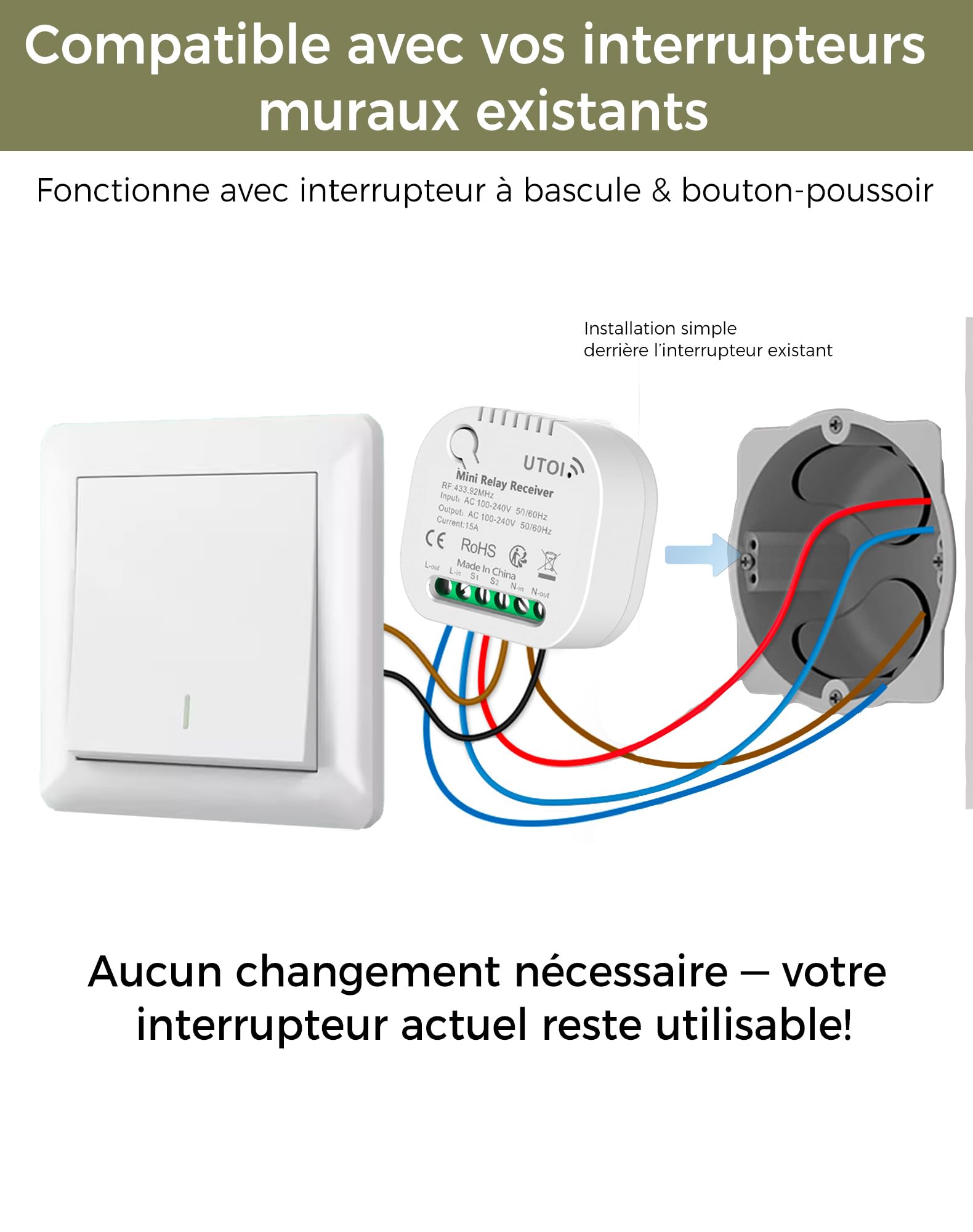 Interrupteur Sans Fil Sans Pile, Kit Va et Vient avec 2 Interrupteurs et 1 Récepteur 15A, Commande à Distance pour Éclairage, Compatible Interrupteurs Traditionnels, Sans Scintillement LED, Blanc
