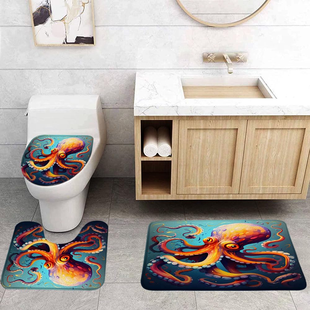Octopus 3 Pcs Bath Rugs Set,Cool Red Kraken Tentacles Vintage Ocean Animal Funny Marine Life Nautical Unique Bathroom Kitchen Rug with 17.8