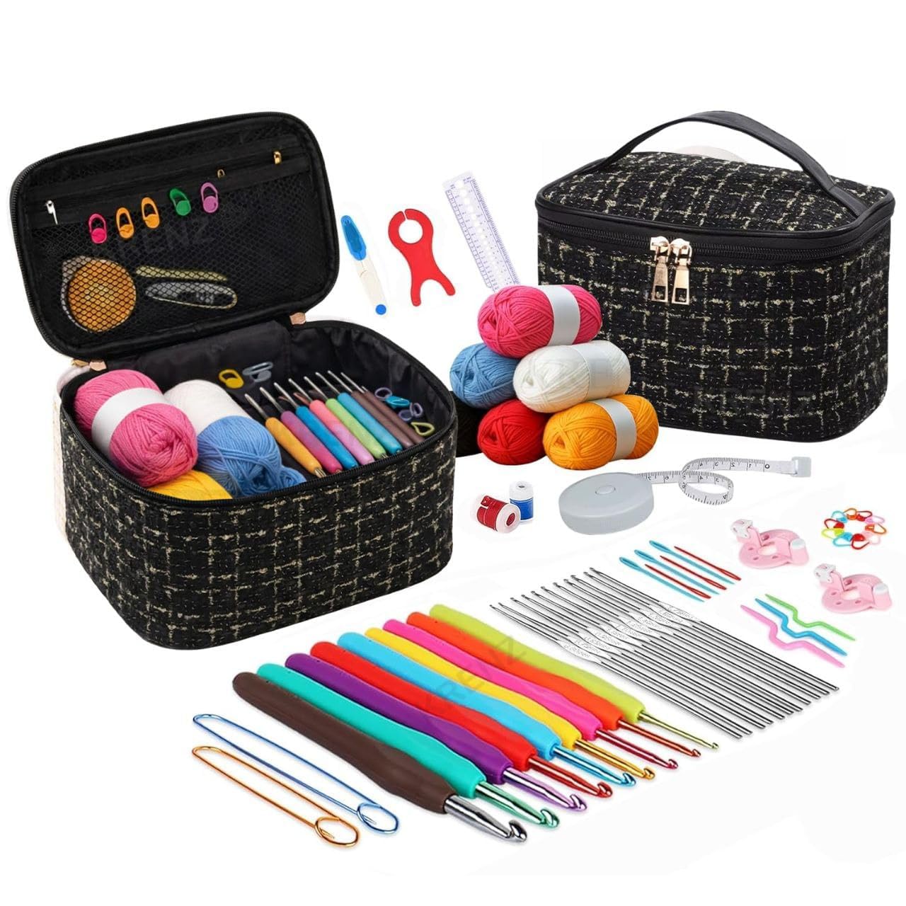 KRENZ Crochet Kit for Beginners Adults, Crochet Kits Include Yarn, 59pcs Crochet Starter Kit for Beginners Kids,Ergonomic Crochet Hooks 2.0-6.0 mm, Lace Steel Needles 0.6-1.9 mm (Black Gold)