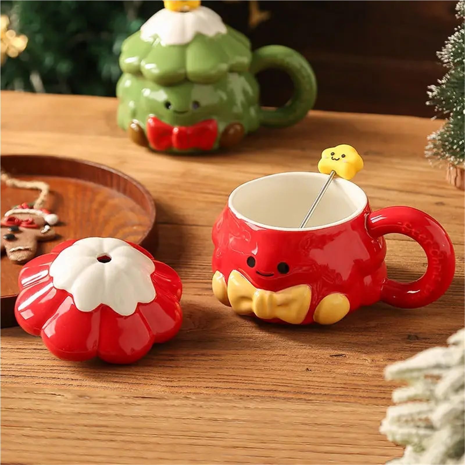 Taza de cerámica de árbol de Navidad, palito for mezclar, taza de pareja con tapa, recuerdo de cumpleaños de 420ml, 2 uds. Para Boda