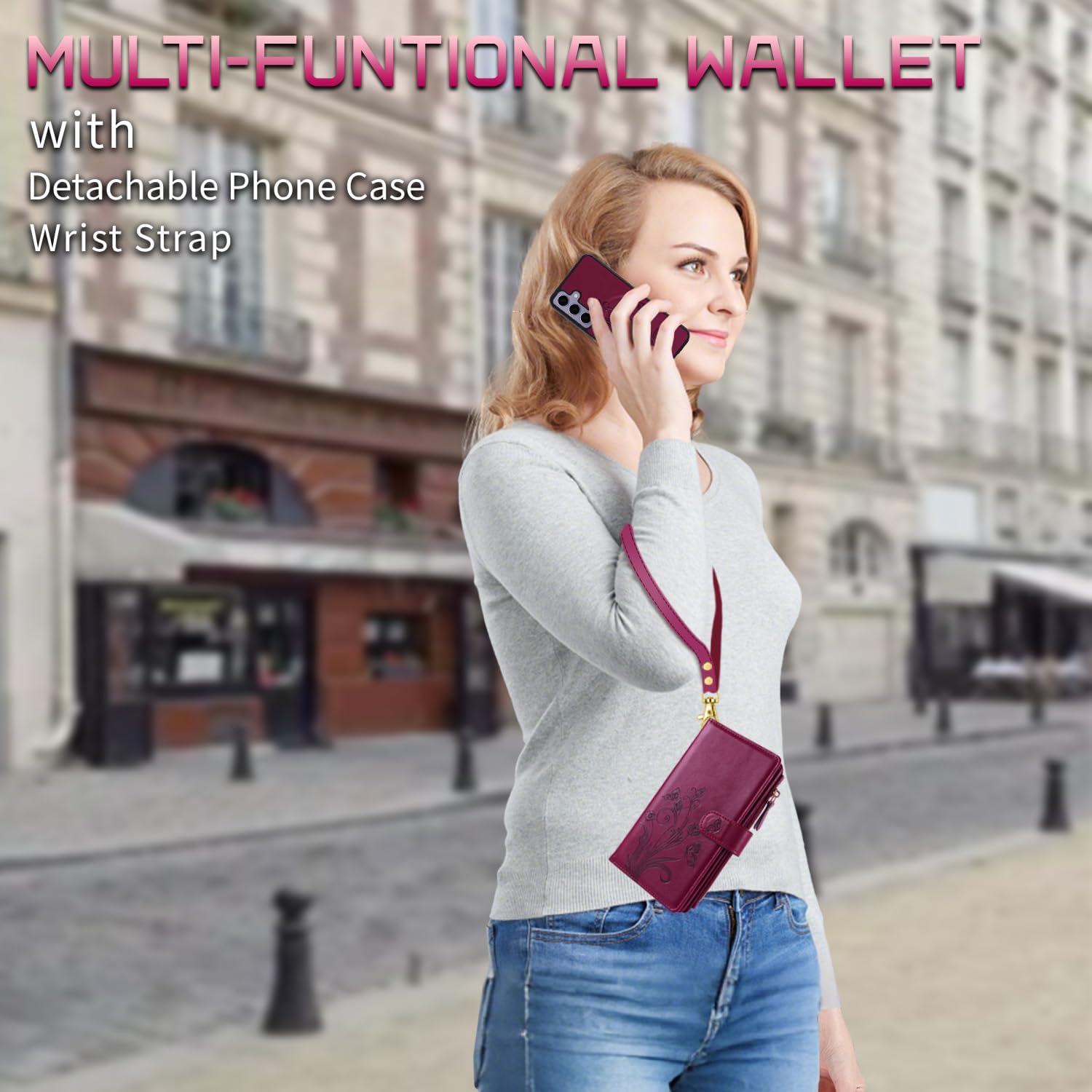 Lacass for Samsung Galaxy S24 Case Wallet,Compatible with MagSafe 2 in 1 Magnetic Detachable PU Leather RFID Blocking Wallet Cover Card Holder Zipper Wrist Strap Lanyard,Floral Wine Red