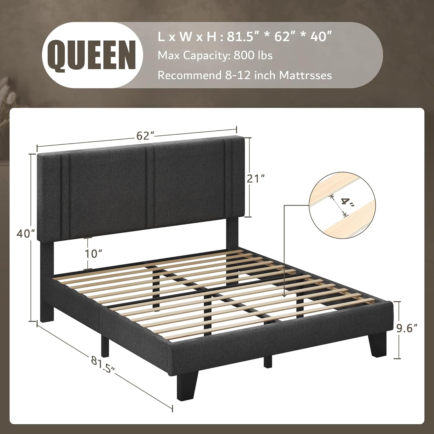 iPormis Queen Platform Bed Frame with Fabric Upholstered Headboard & Thickened Legs, Mattress Foundation w/Solid Wooden Slats Support, Noise Free, No Box Spring Needed, Dark Grey - Image 2