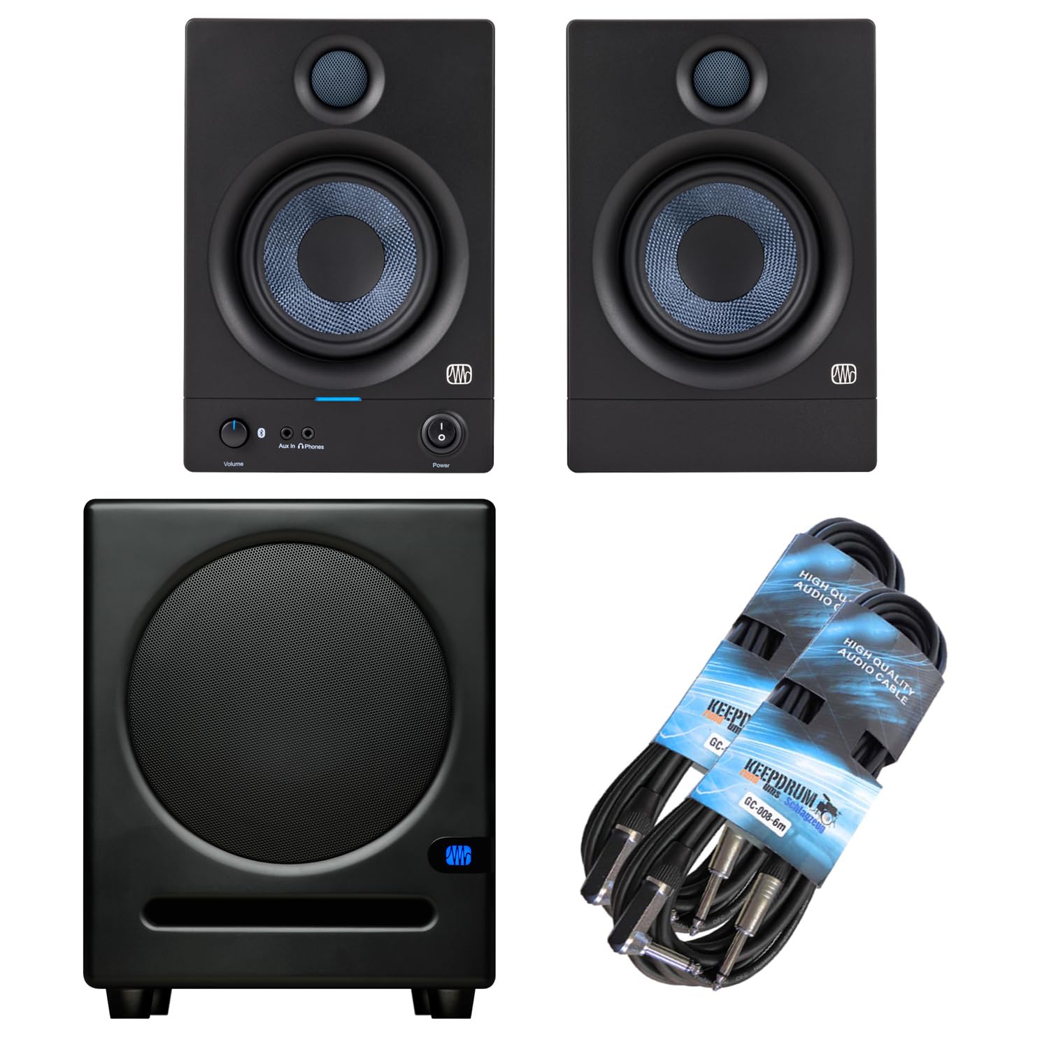 Presonus Eris 5BT Aktive Bluetooth Studio Monitor-Boxen Lautsprecher 2nd Gen + Eris Sub 8 BT Subwoofer + 2x keepdrum Klinkenkabel