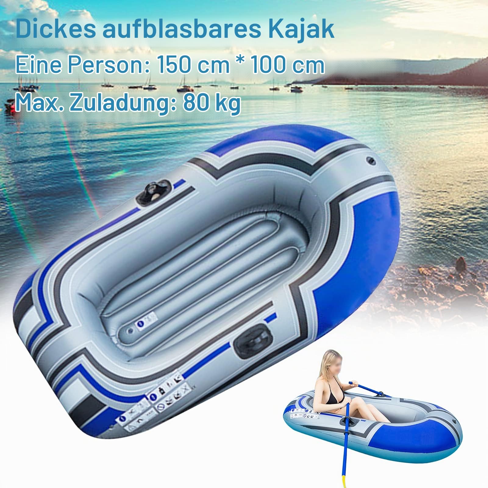 SIXRUN Schlauchboot – EIN-Personen-Kajak aus verstärktem PVC-Material, Einzelboot, 150 x 100 cm, für See, Pool und Freizeit, 80 kg, 0,3 mm dick, tragbar