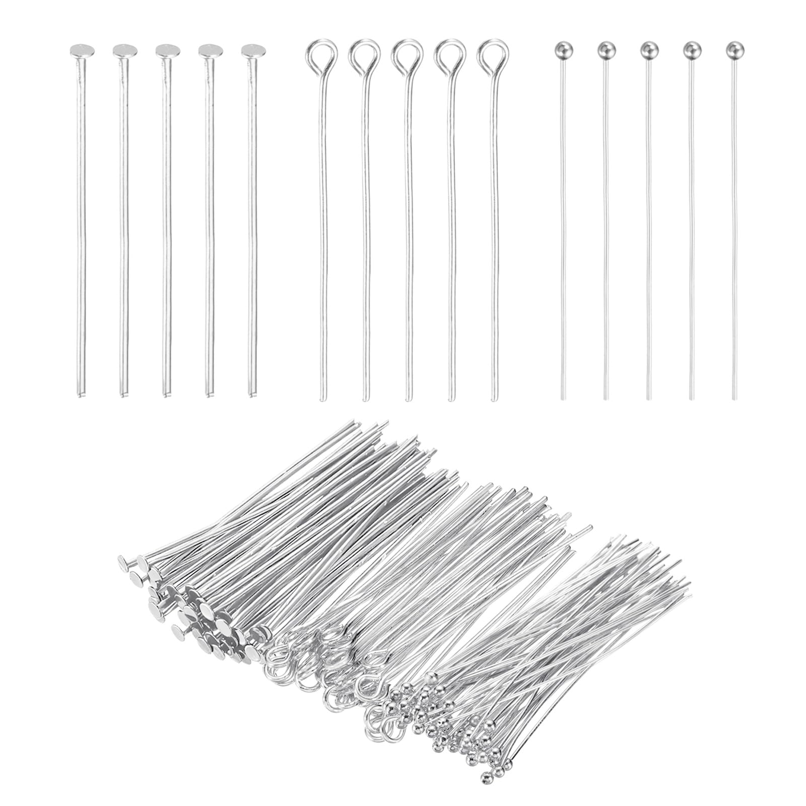 PATIKIL Head Pins Set for Jewelry Making, 600 Pcs 3 Styles 1.57" Flat Head & Ball Head Pins & Eye Pins Findings for DIY Necklaces, Earrings, Bracelets Making Supplies (Silver Tone)
