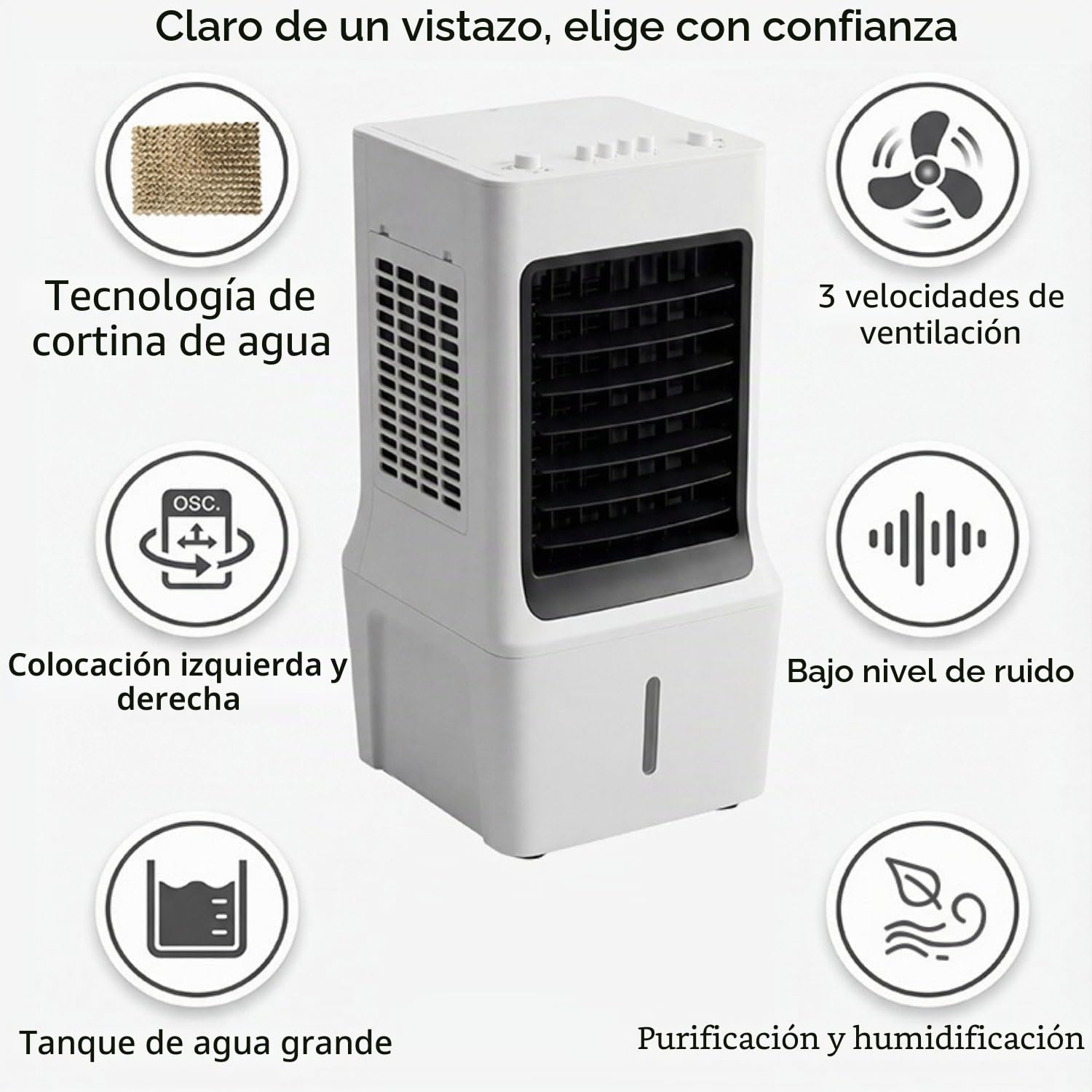 Aire Acondicionado Portátil 12L Enfriador de Aire sin Tubo 3 Modos 3 Velocidades Oscillazione 60º 4 ruote multidirezionali‌ Climatizador Evaporativo Silencioso Ventilador para Hogar Oficina