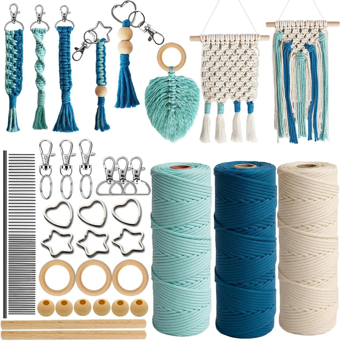 Ewparts Art Craft Macrame Kits for Adult Beginner with Instruction Book, Online Tutorials,Macrame Cord 3mm,Wood Ring/Beads,Wooden Dowel,Key Rings,Key Chain to Make Wall Hanging,Keycgain,Boho Decor