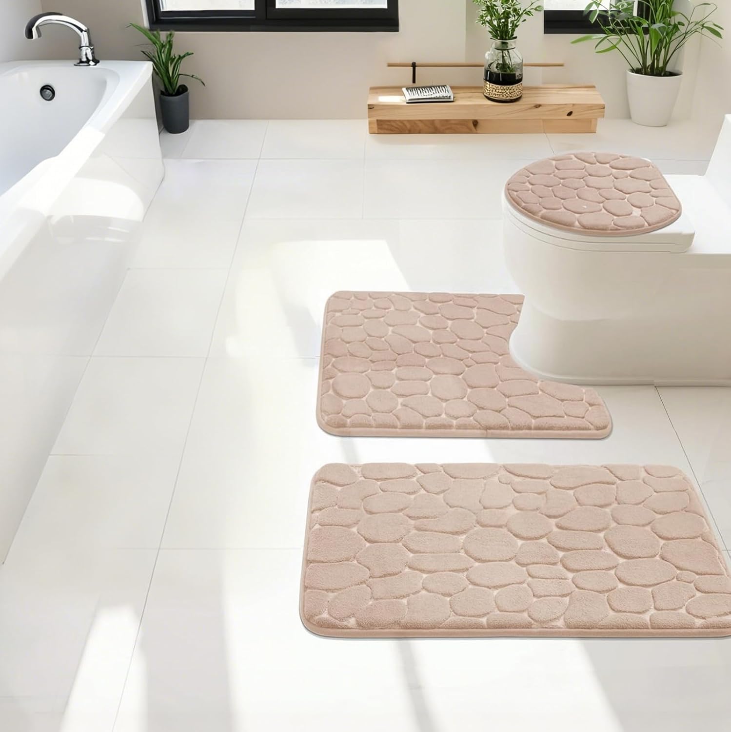Bathroom Rugs Sets 5 Pieces, Washable Bathroom Mats Toilet Base Mat, Non-Slip Quick Drying Absorbent Bath Mat for Tub, Shower, Coffee