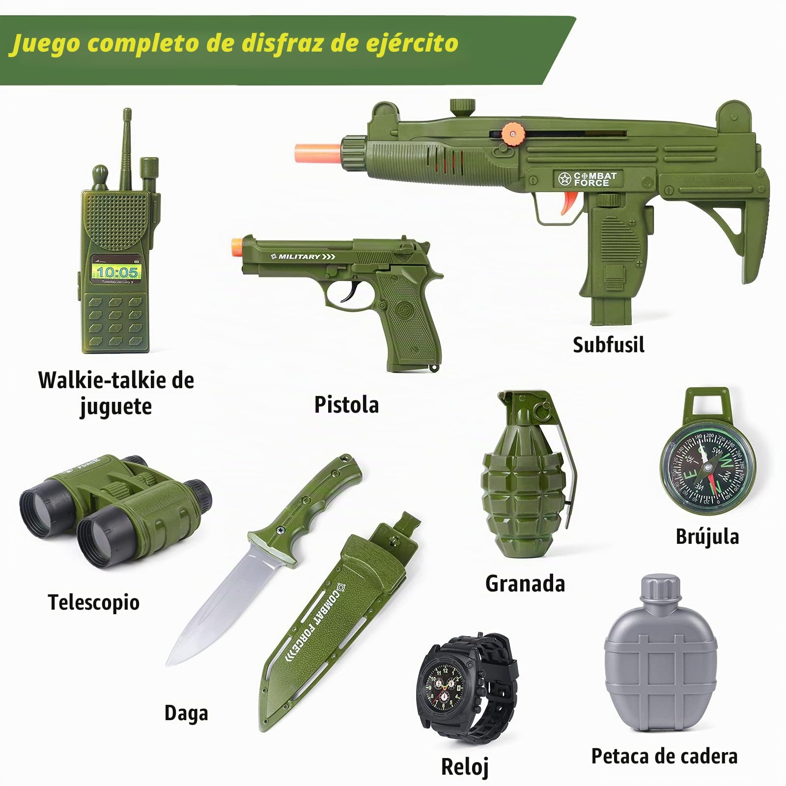 vamei 13 Piezas Disfraz Militar Niño Traje Militar para Niños Disfraz de Soldado Niño con Walkie-Talkie Metralleta Pistola Juguete Sombrero Camuflaje para Niños Niña