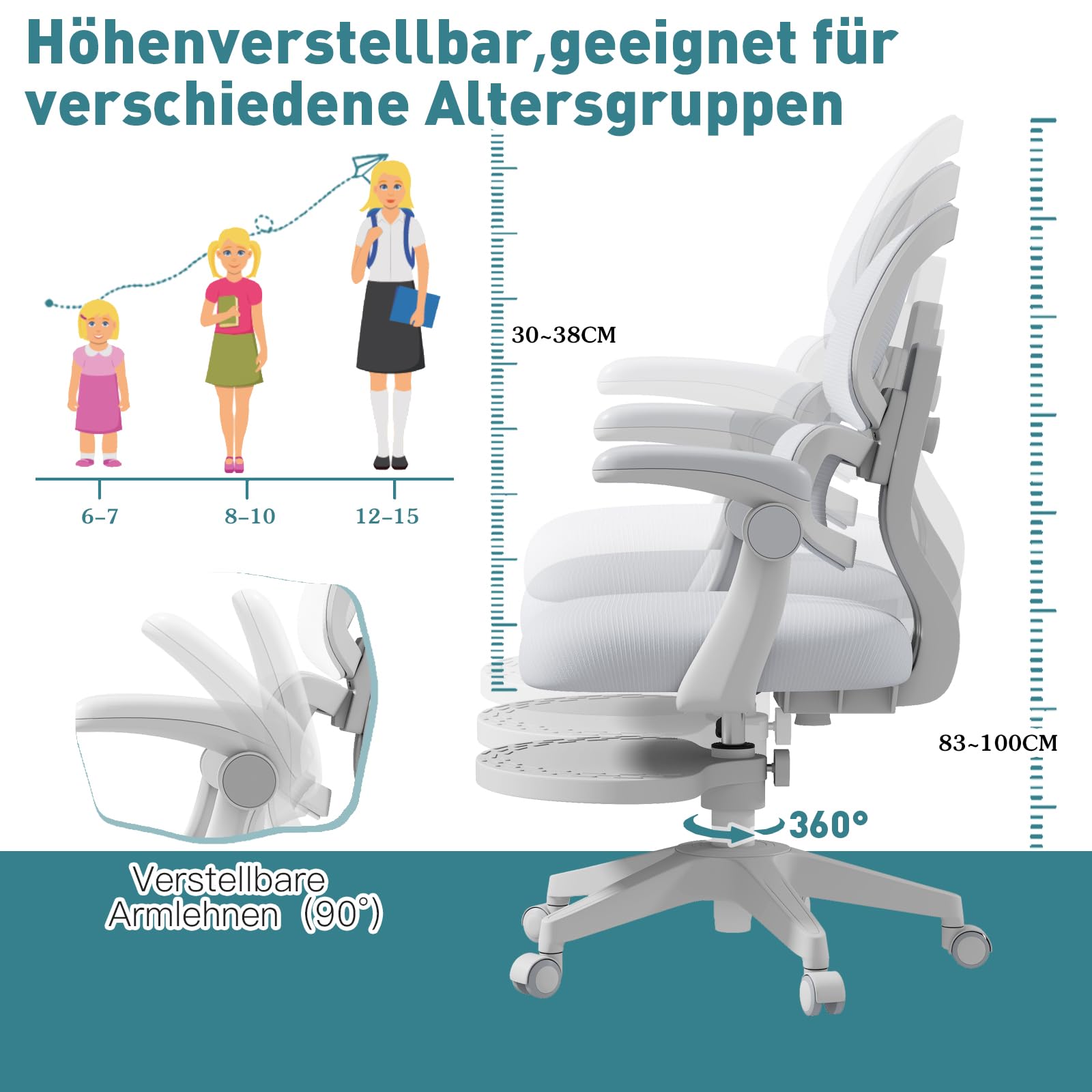 JOYLDIAS Schreibtischstuhl Kinder Ergonomischer, Kinderstuhl mit Verstellbarer Rückenlehne & Übergroß Fußablage, Bürostuhl Kinder Drehstuhl mit klappbarer Armlehnen, Stuhl Für Kinder & Jugendliche