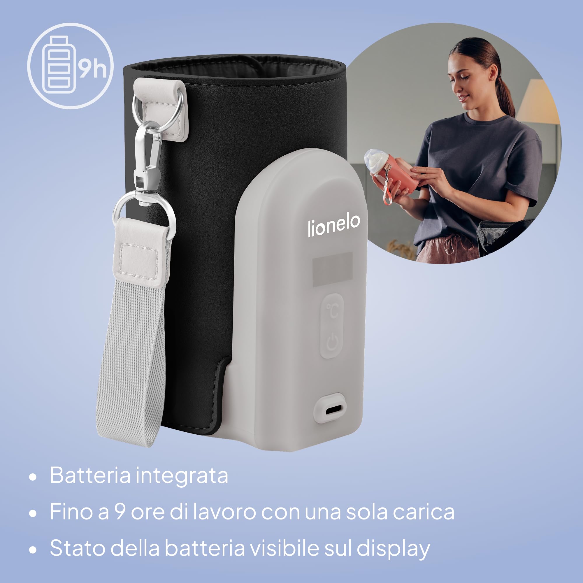 LIONELO Thermup Go Evo Scaldalatte Portatile per Biberon | Mantiene Caldi i Liquidi, 5 Temperature da 38 a 50°C, Ricarica USB-C e Autonomia fino a 9 Ore
