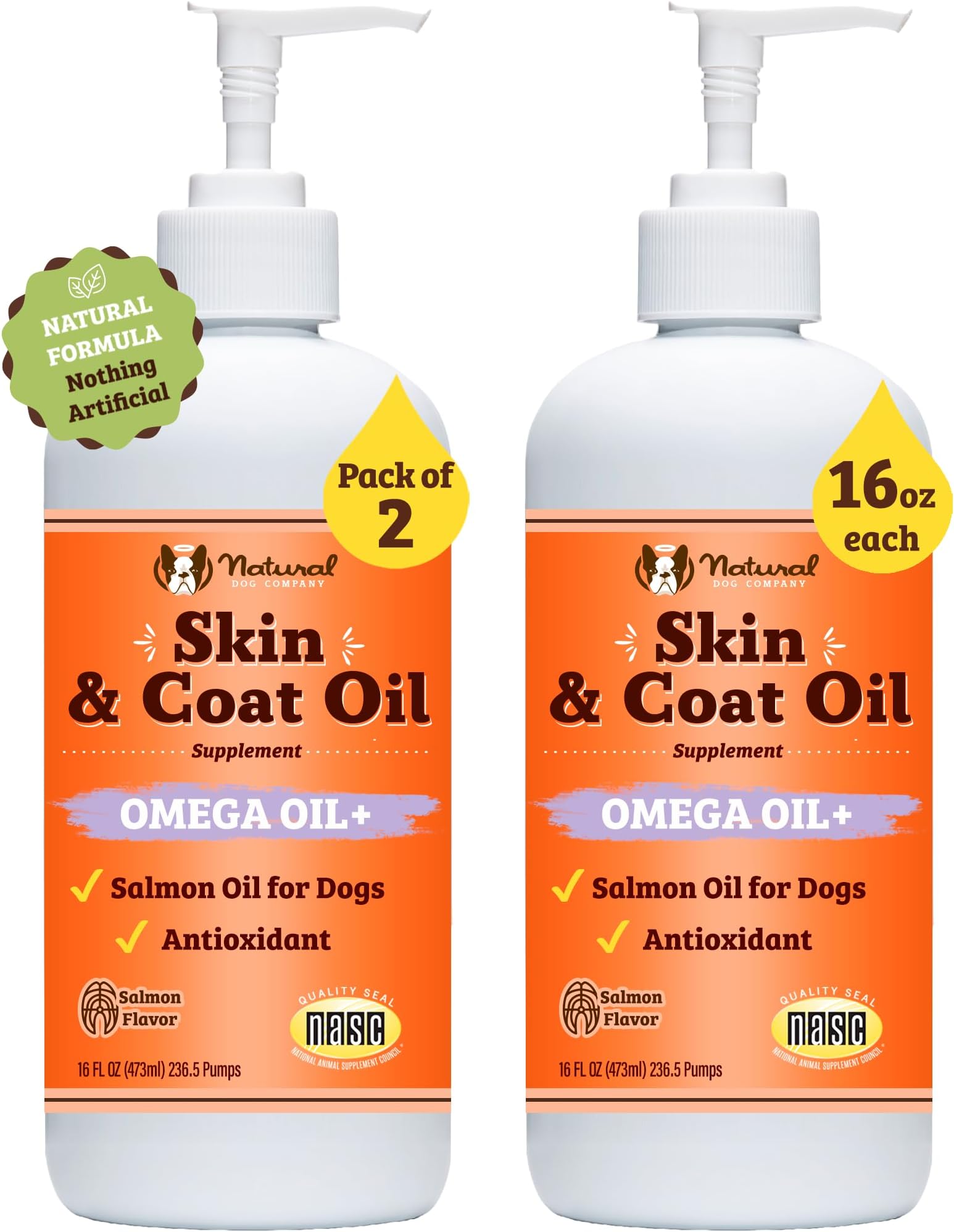 Natural Dog Company2 Pack - 16 oz. Skin and Coat Oil, Supports Skin Health, Fish Oil Supplements for Dogs, Fatty Acids, Antioxidant, for Multi Dog Families, Large Breed Dogs, 32 oz. Value