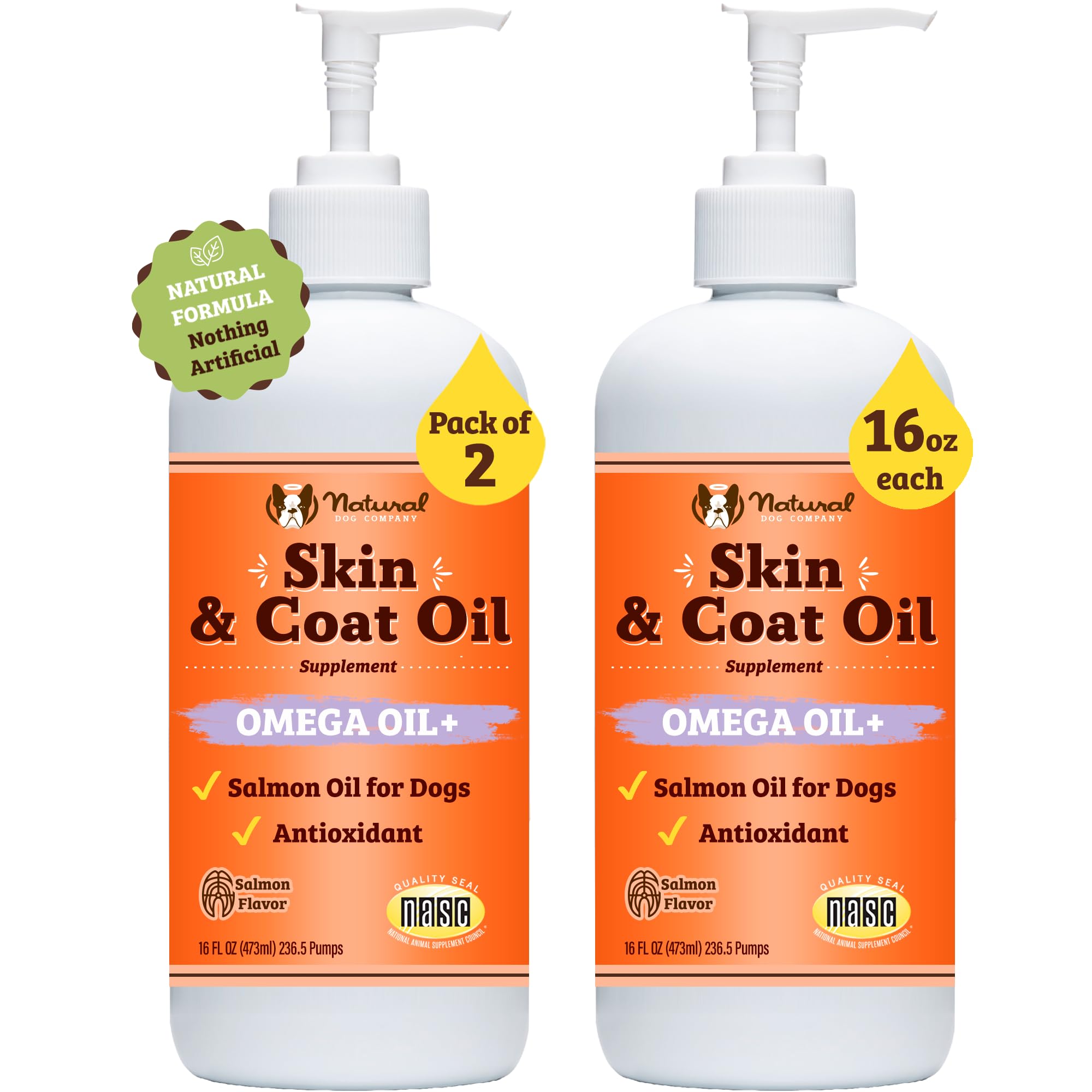 Natural Dog Company2 Pack - 16 oz. Skin and Coat Oil, Supports Skin Health, Fish Oil Supplements for Dogs, Fatty Acids, Antioxidant, for Multi Dog Families, Large Breed Dogs, 32 oz. Value