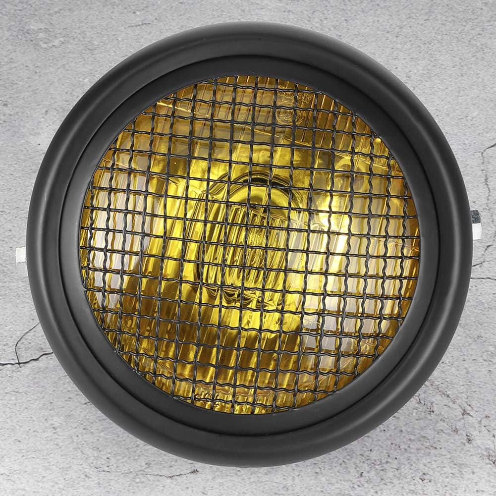 7in 55W Motorcycle Grill Headlight Retro Style Halogen Head Lamp High Brightness Motorcycle Lighting Accessory(Yellow Lens)