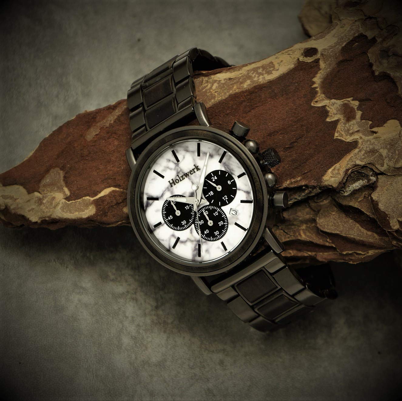 Ręcznie wykonany drewniany mechanizm Germany® designerski zegarek męski eko naturalny drewno zegarek chronograf zegarek na rękę analogowy zegarek kwarcowy brązowy czarny biały marmur kamień data drewno tarcza