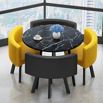 Office Table and Chair Set, Leisure Table and Chair Set, Modern Round Dining Table Set for 4, Circular Conference Table, Reception Negotiation Table, Backrest Chair SetsYellow
