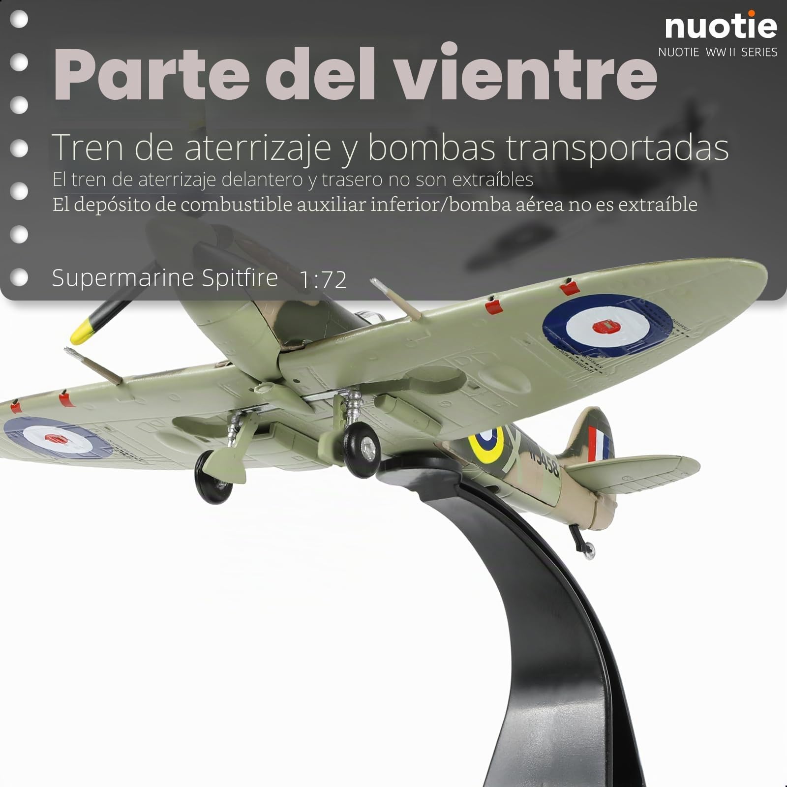 NUOTIE Supermarine Spitfire Británico a Escala 1/72 Modelo de Caza en Metal Fundido a Presión Simulación de la Segunda Guerra Mundial Avión Antiguo Preconstruido para Coleccion o como Regalo