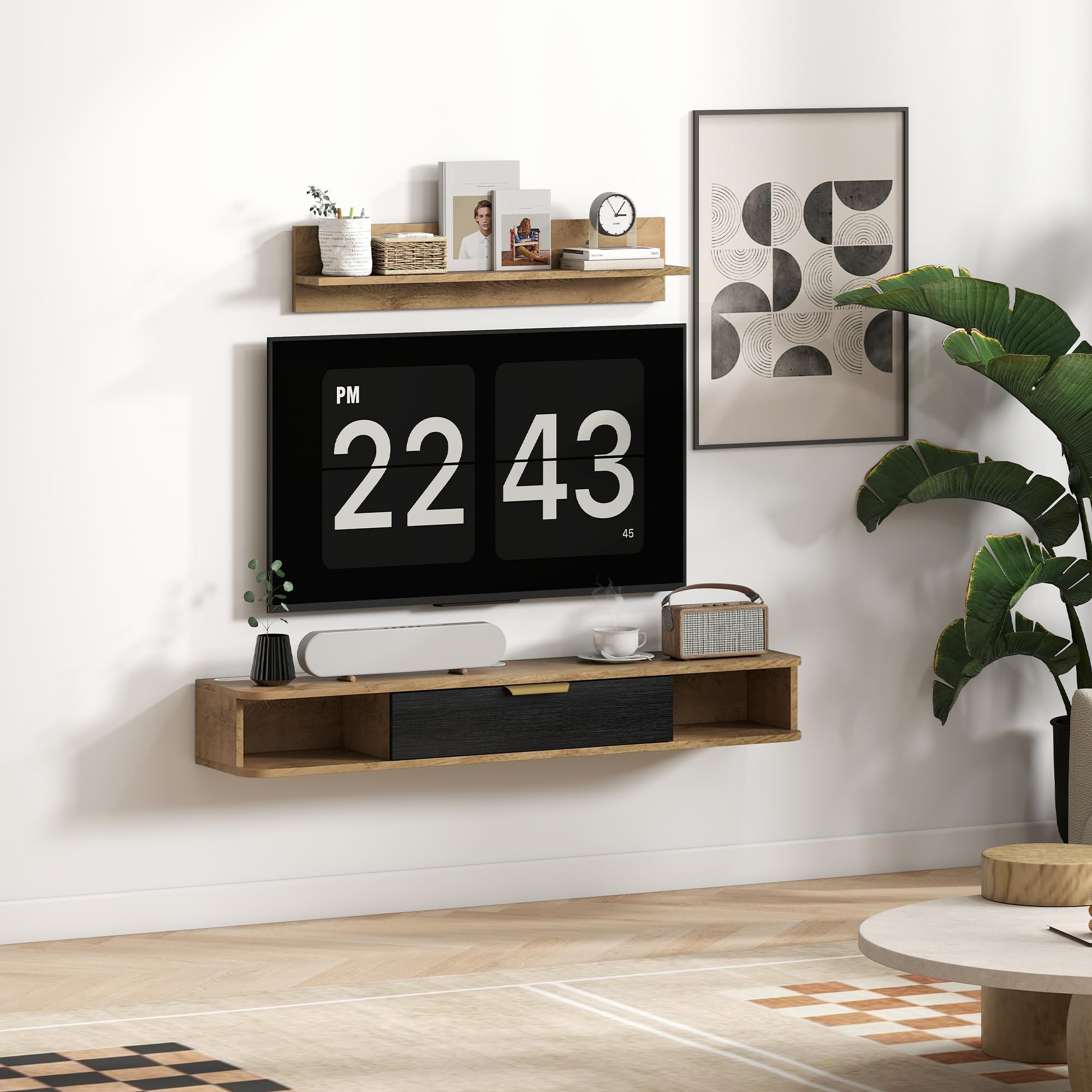 HOMCOM Ensemble de Meubles de Salon, Meuble TV avec étagère Murale, Porte, étagères Ouvertes, Trous pour câbles, pour télévision Murale, 120 x 24 x 16 cm, chêne
